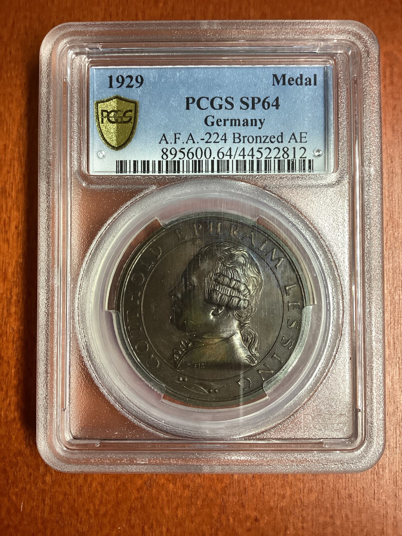 长老汇龙年精选第二场 1929 德国莱辛纪念铜章，PCGS SP64分，加厚盒