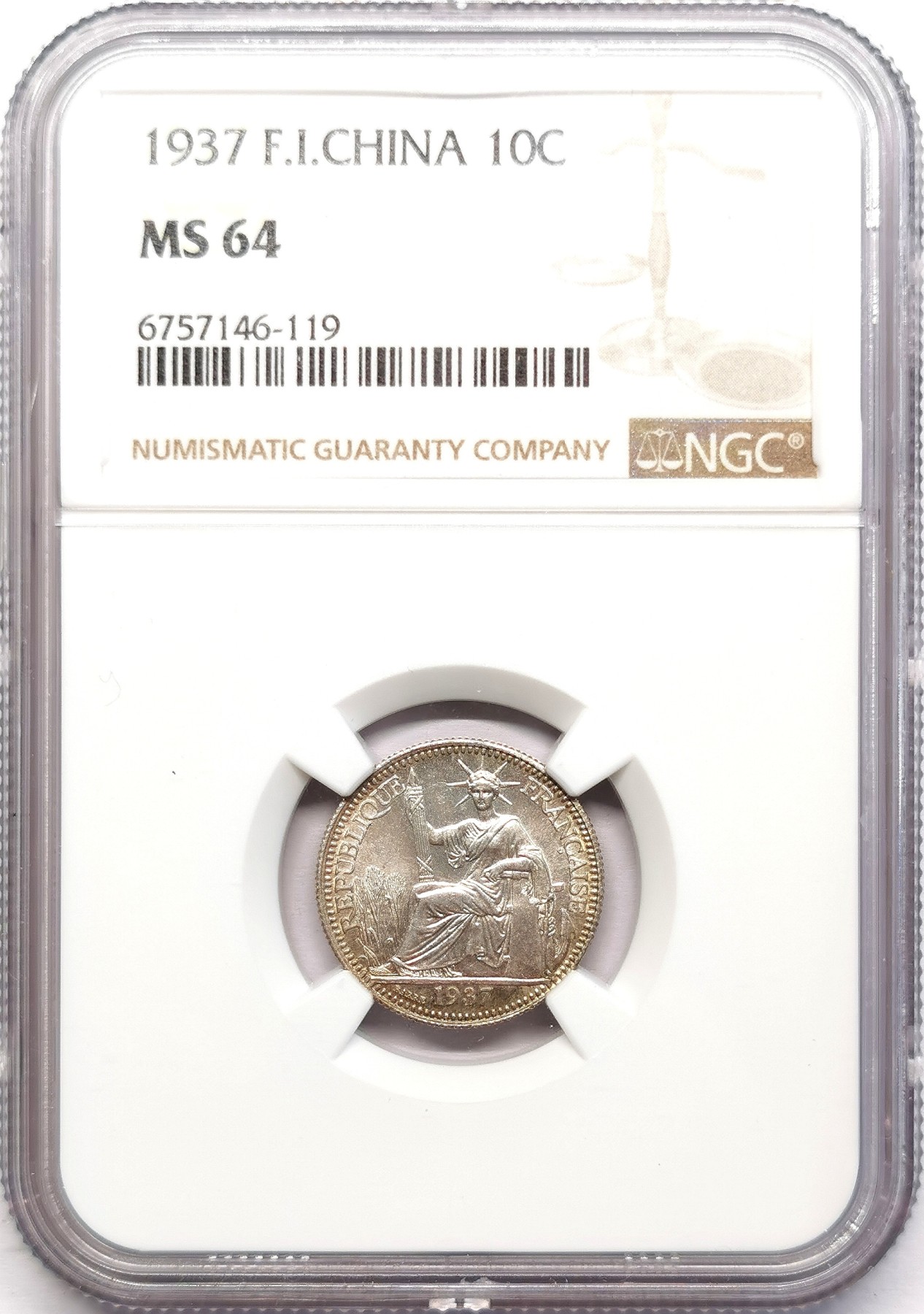 凡希社世界钱币微拍第二百六十二期 1937法属印度支那10分银毫NGC-MS64