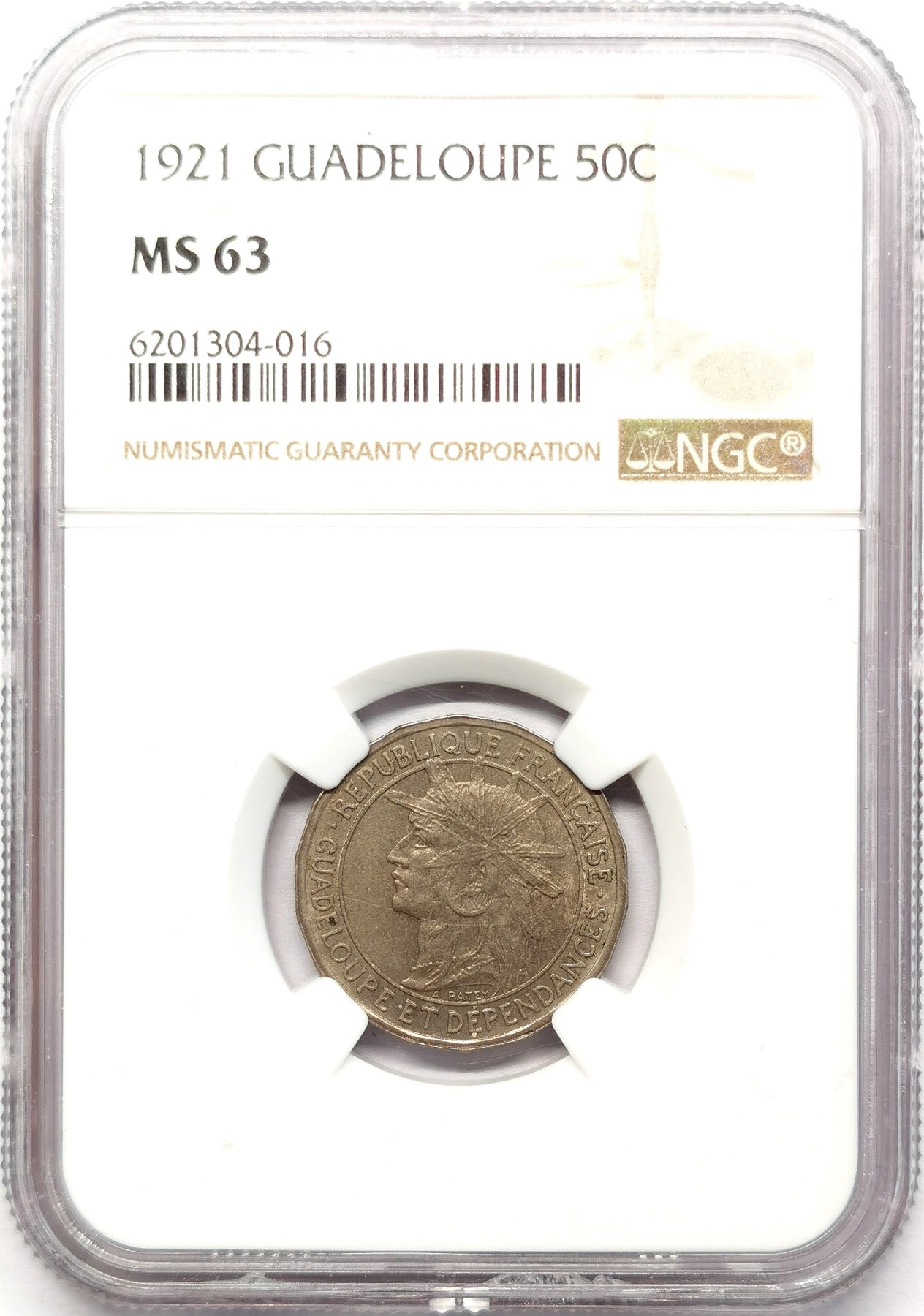 凡希社世界钱币微拍第二百六十二期 1921法属瓜德罗普50分NGC-MS63多边形币！