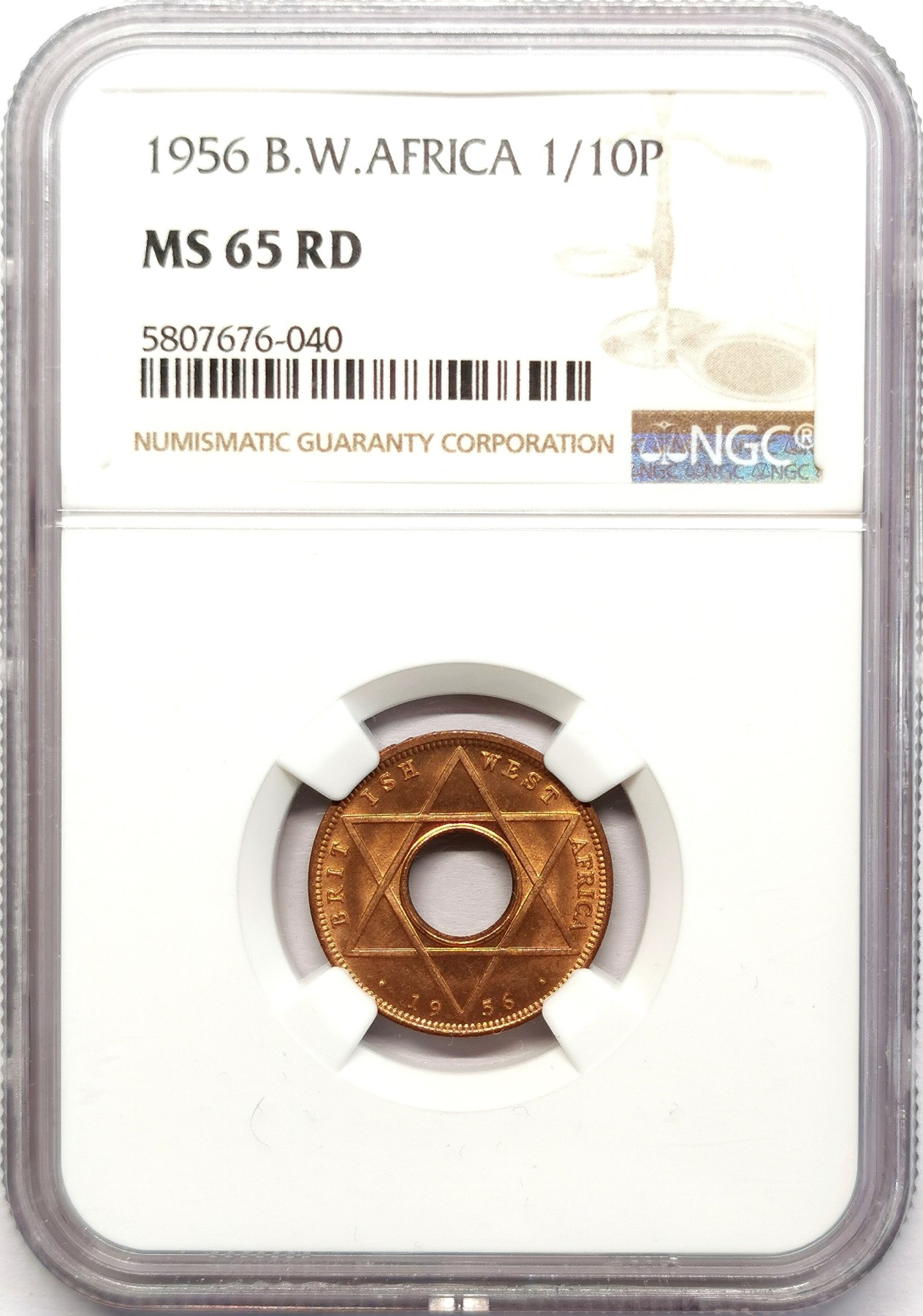 凡希社世界钱币微拍第二百六十二期 1956英属西非中孔1/10便士NGC-MS65