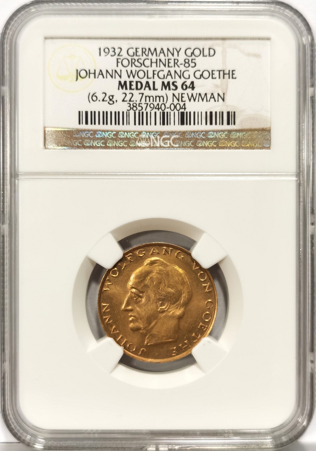 博洋堂“长夏未央”8月精品专场暨第089期（全场包邮） NGC MS64 德国魏玛时期1932年约翰·沃尔夫冈·冯·歌德纪念金章，22.7mm，6.2g，罕见，比同期兴登堡金章要少见很多