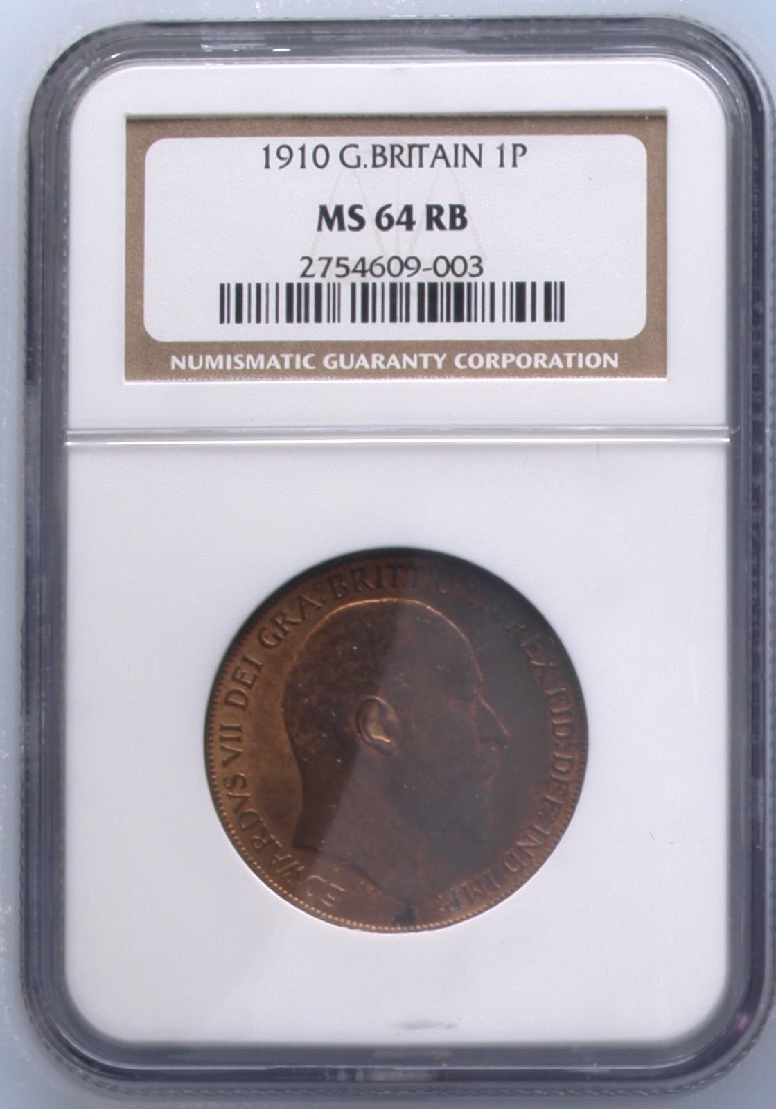 长老汇龙年精选第二场 1910 英国爱德华七世1便士铜币，NGC MS64RB，季军分，更高分仅有8枚