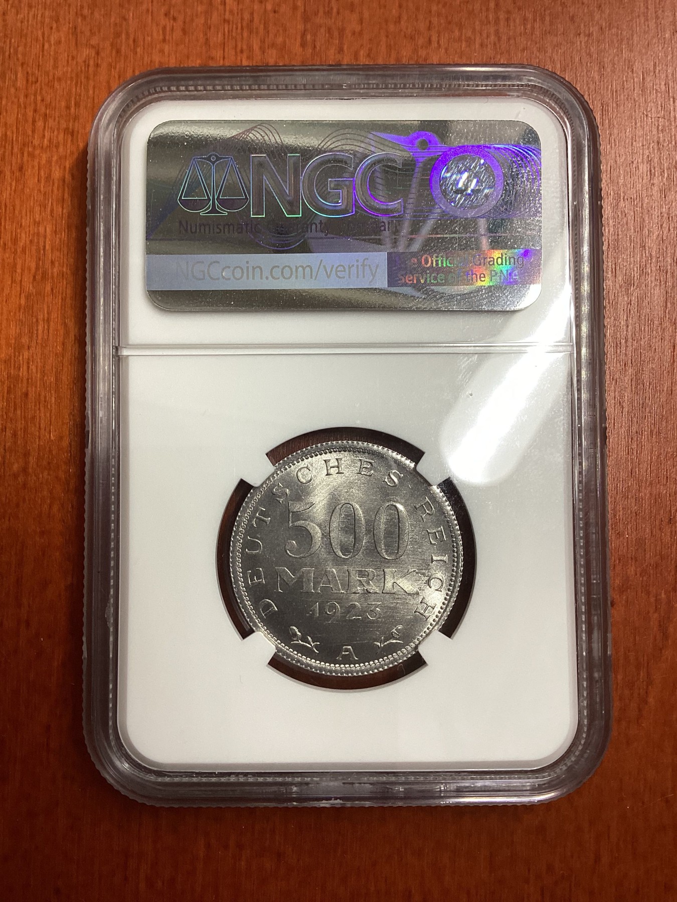 长老汇龙年精选第二场 1923A 德国魏玛500马克铝币，NGC MS67分，季军分，更高分仅有5枚