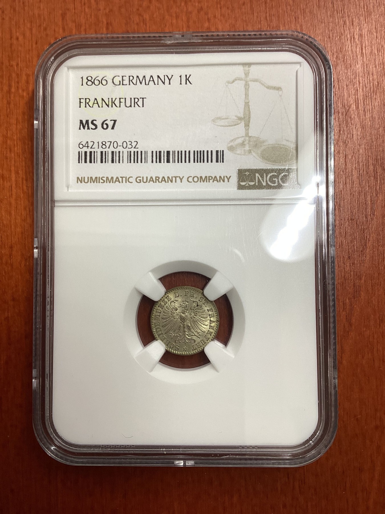 长老汇龙年精选第二场 1866 德国法兰克福1克洛泽银币，NGC MS67分，季军分，更高分仅有6枚，特年