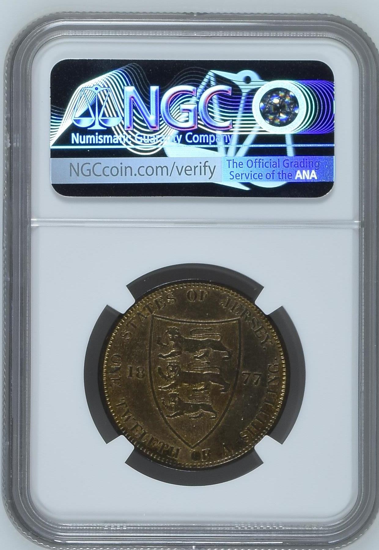 长老汇龙年精选第二场 1877H 泽西维多利亚1/12先令铜币，NGC AUC