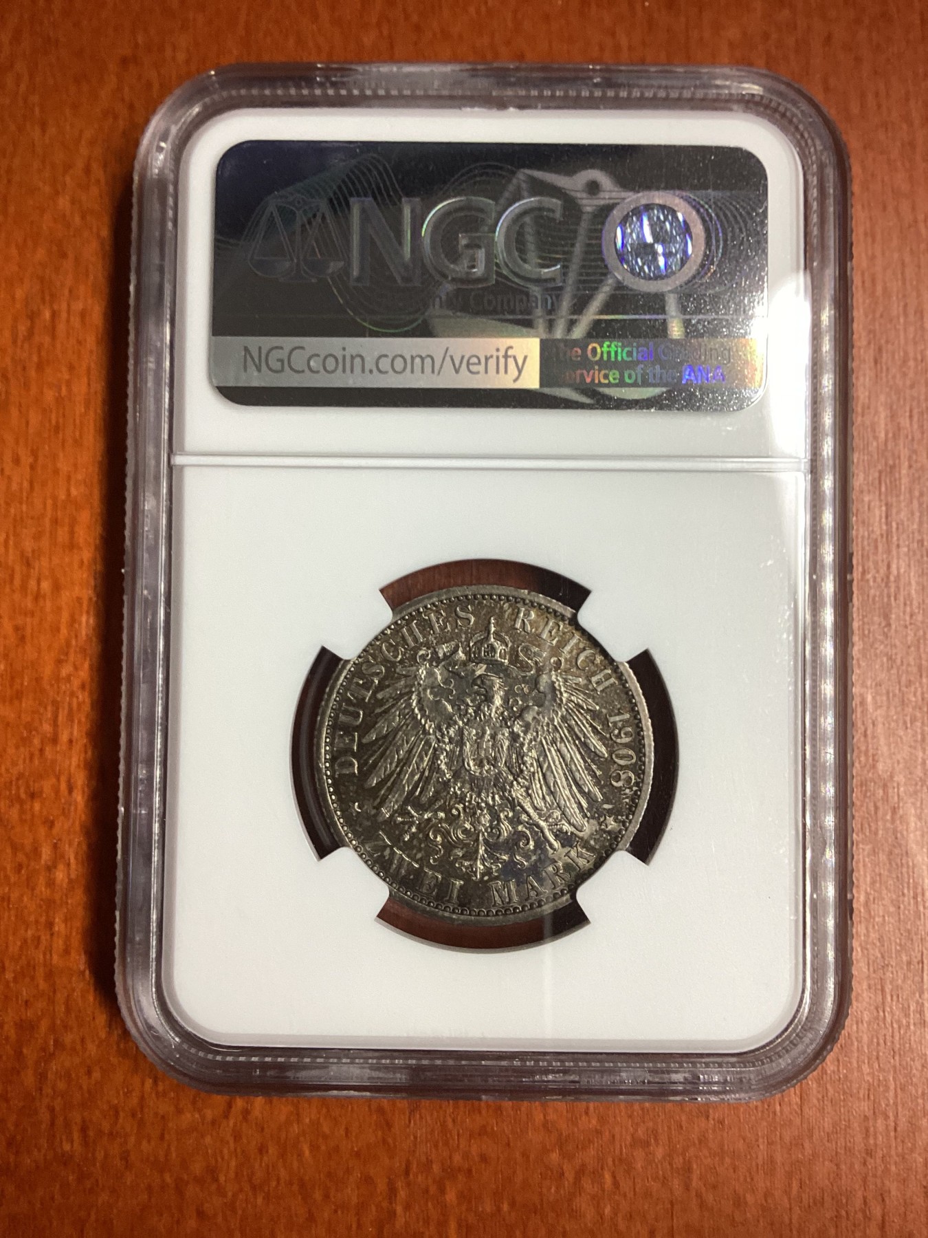 长老汇龙年精选第二场 1908A 德国普鲁士耶拿大学2马克银币，NGC UNC，五彩包浆