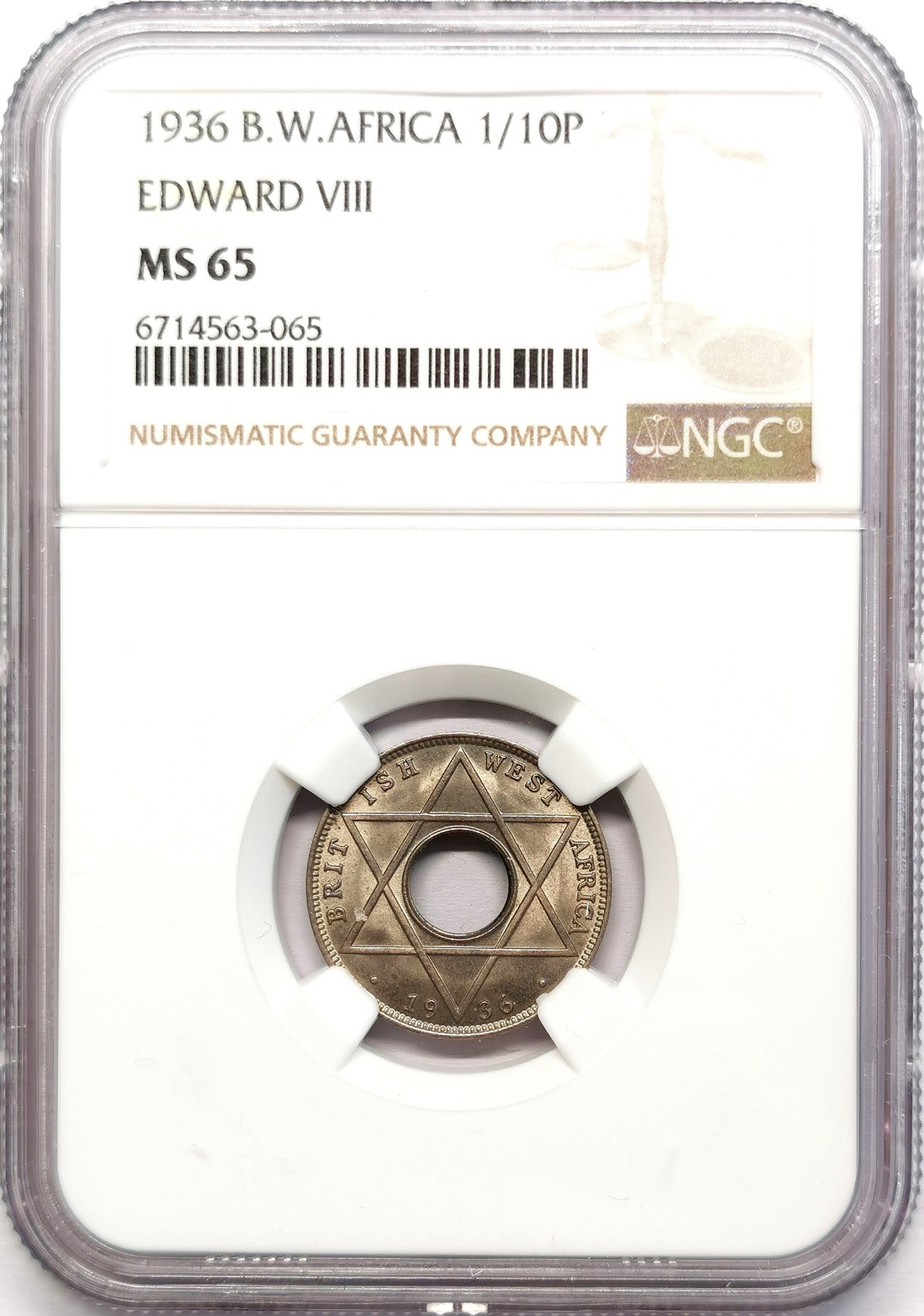 凡希社世界钱币微拍第二百六十二期 1936英属西非爱德华八世中孔1/10便士镍币NGC-MS65