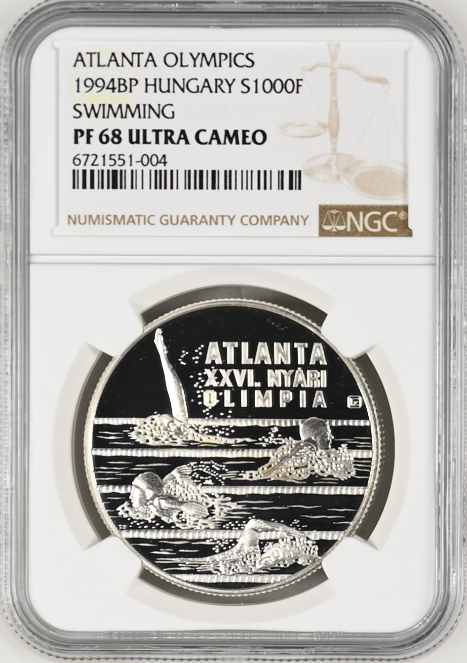 长老汇龙年精选第二场 1994BP 匈牙利亚特兰大奥运会游泳1000弗林特精制银币，NGC PF68UC，季军分，更高分仅有4枚