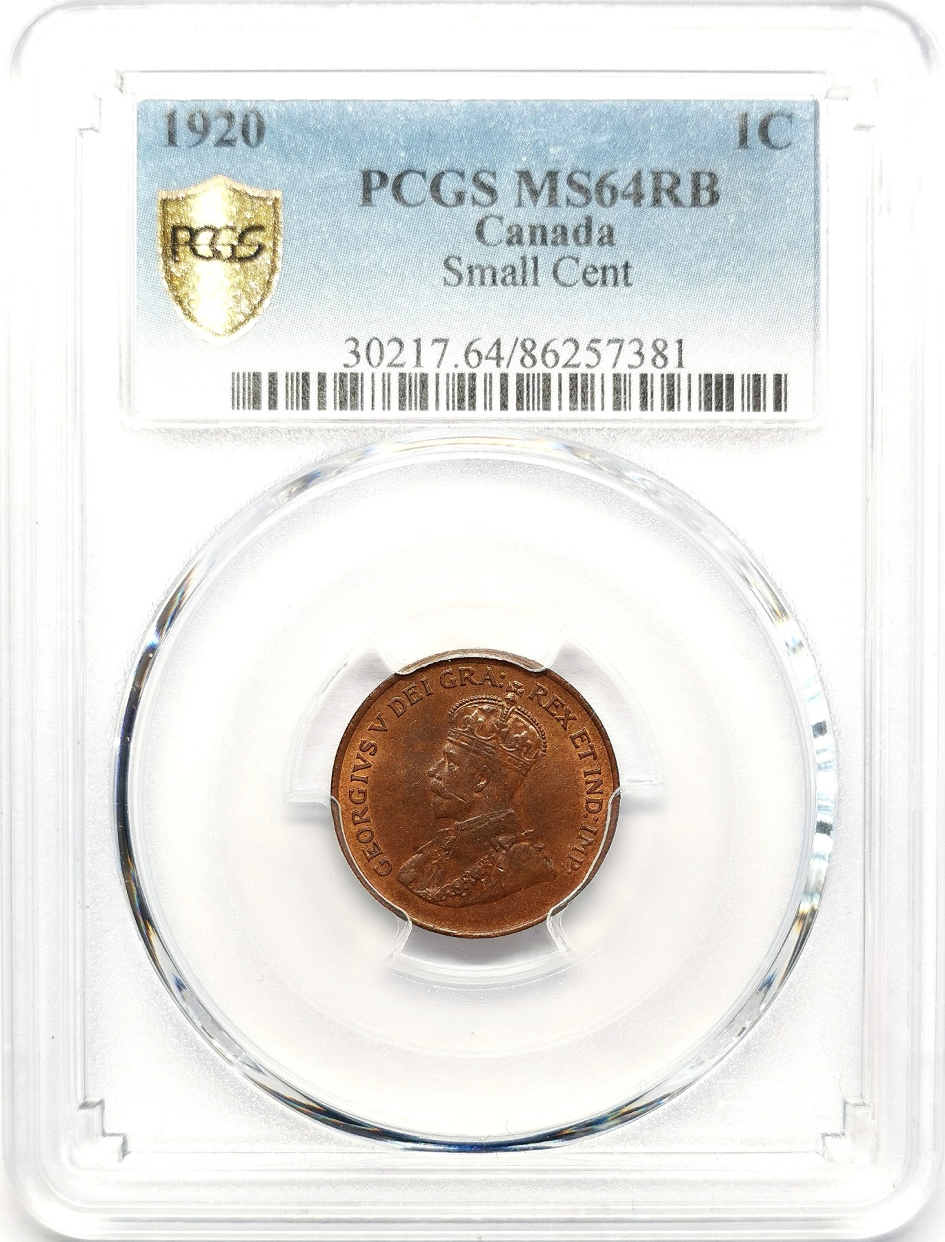 凡希社世界钱币微拍第二百六十二期 1920加拿大乔五小版一分铜币PCGS-MS64