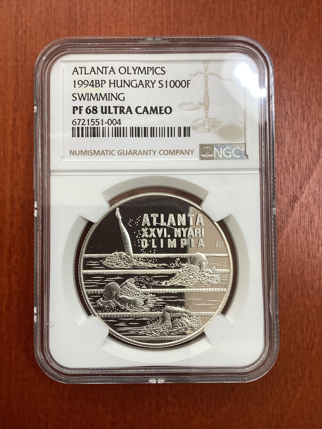 长老汇龙年精选第二场 1994BP 匈牙利亚特兰大奥运会游泳1000弗林特精制银币，NGC PF68UC，季军分，更高分仅有4枚