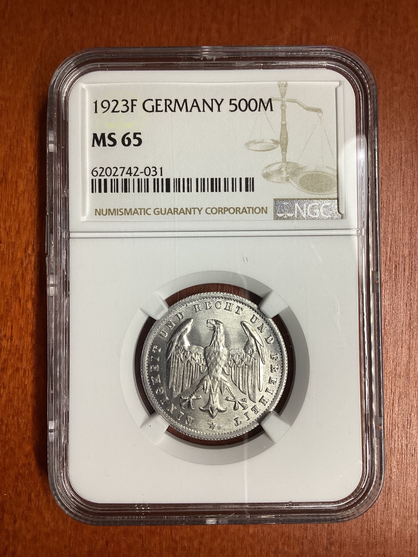 长老汇龙年精选第二场 1923F 德国威玛500马克铝币，NGC MS65分，季军分，更高分仅有9枚