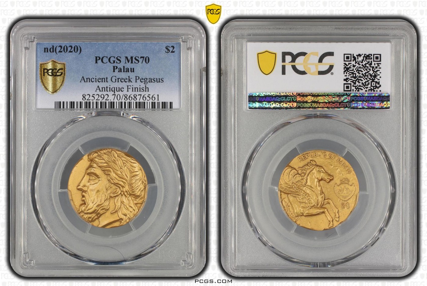 长老汇龙年精选第二场 nd(2020) 帕劳仿古希腊飞马镀金2元银币，PCGS MS70, 发行量500枚