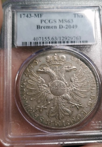 凡希社世界钱币微拍第二百六十二期 荐！1743帝国自由市不来梅双头鹰与城市徽章泰勒大银PCGS-MS63，珍稀一年型，欧陆经典的枪灰色包浆，P唯一最高分，压箱底品质！