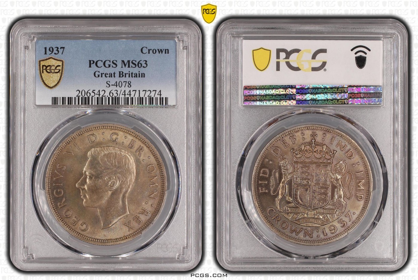 长老汇龙年精选第二场 1937 英国乔治六世克朗银币，PCGS MS63分，非常漂亮，64分曾卖到18000多元