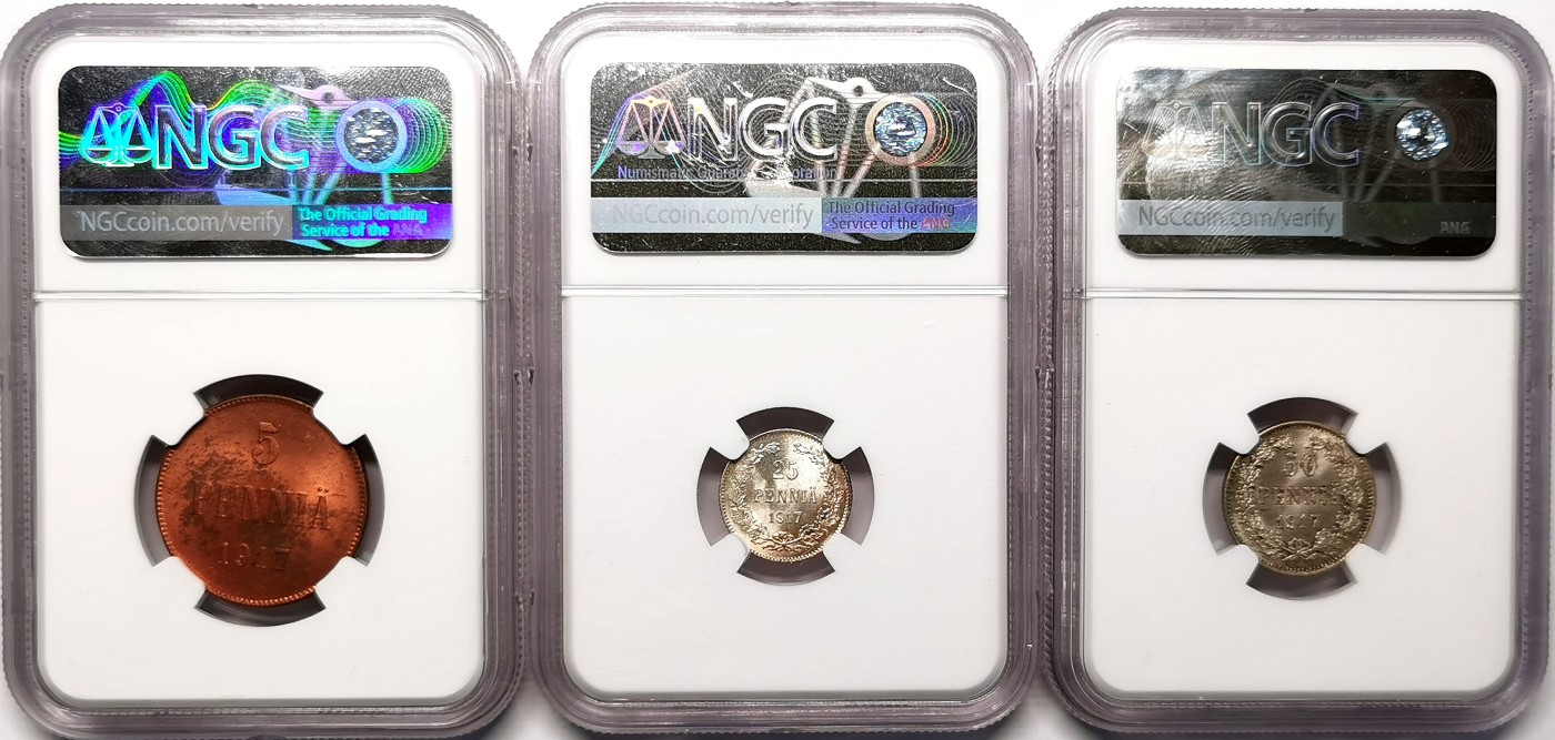 凡希社世界钱币微拍第二百六十二期 1917芬兰内战银铜三枚一组NGC