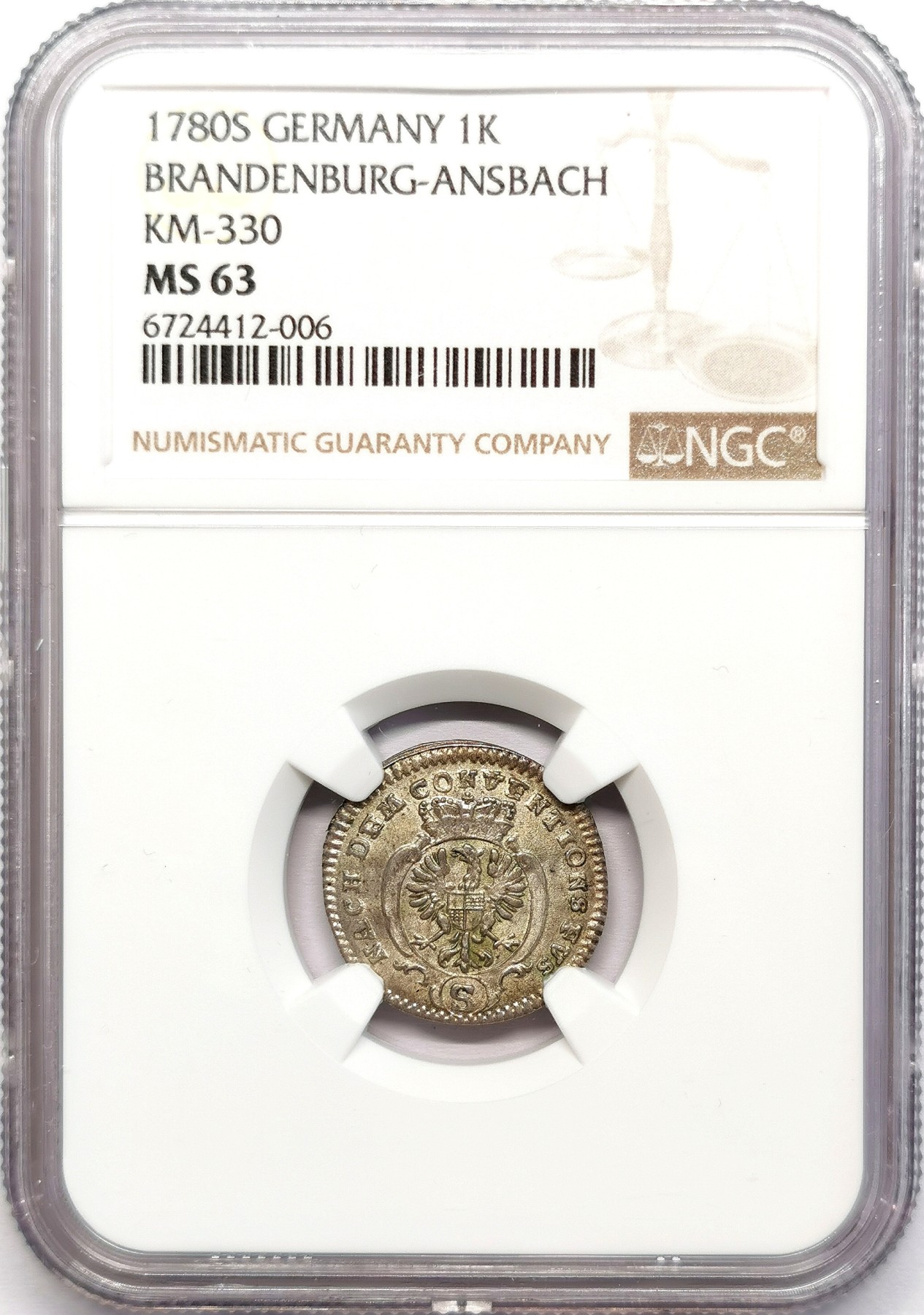 凡希社世界钱币微拍第二百六十二期 1780勃兰登堡-安斯巴赫1K银辅币NGC-MS63