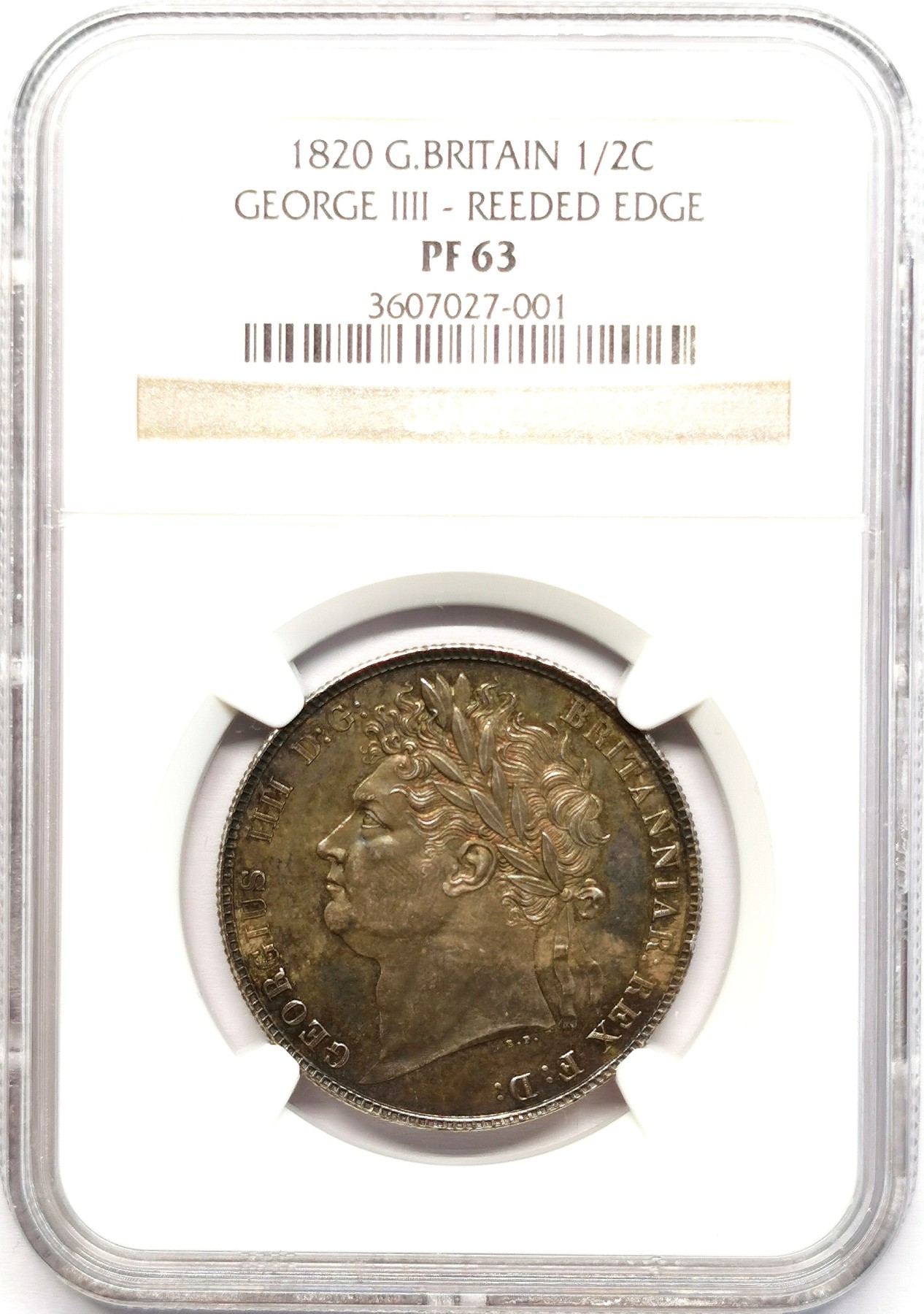 凡希社世界钱币微拍第二百六十二期 荐！1820英国乔治四世1/2克朗精铸NGC-PF63 齿边，纯正英伦五彩，实物状态完全不输前两天圣詹姆斯拍卖行5000镑落锤的P64，见附图。英系精铸精品，永远的硬通货！