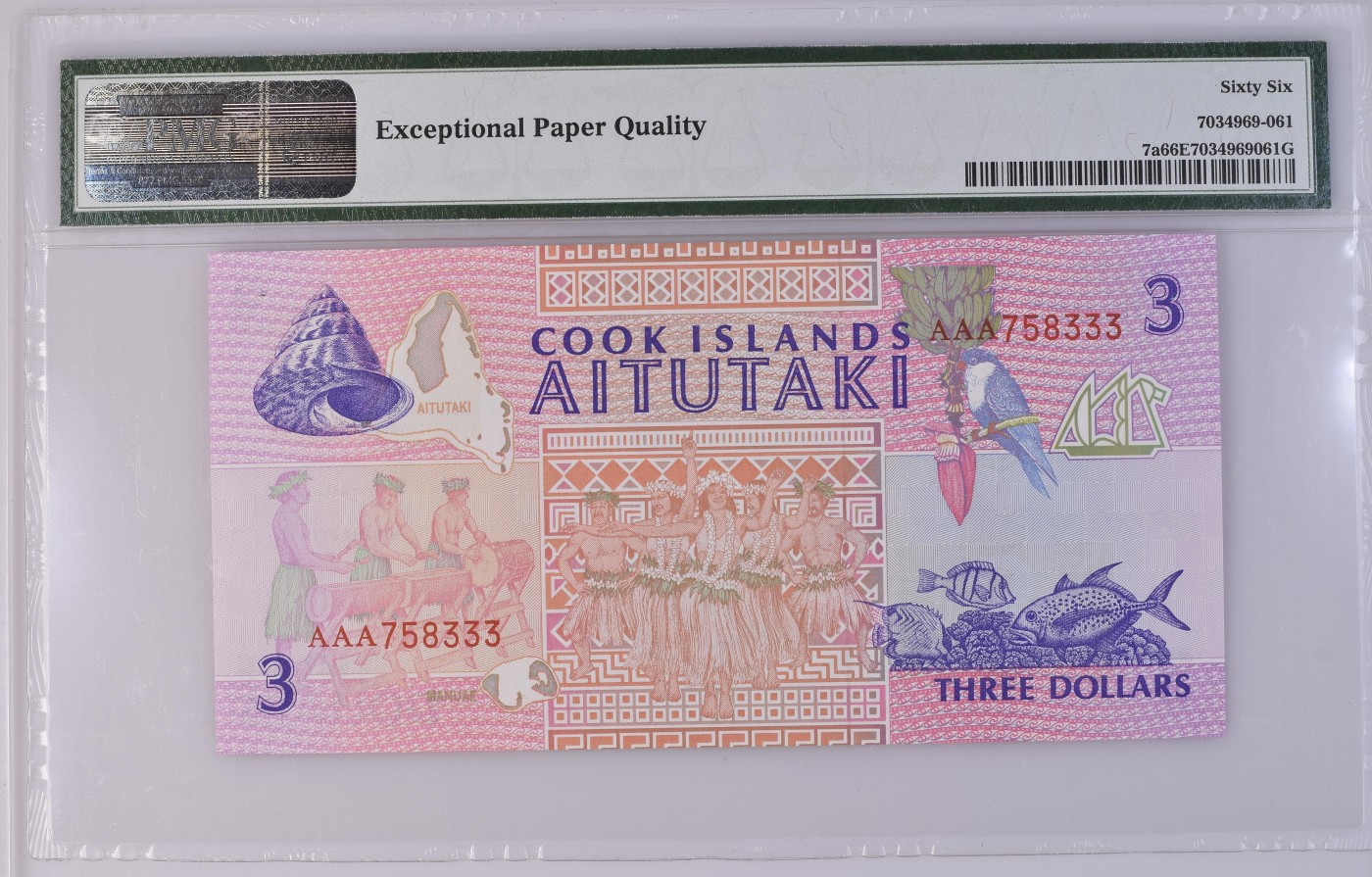 Immortal acution 三月第二场 AAA冠Cook Islands / New Zealand Admin., 3 Dollars ND (1992) - Printer: TDLR