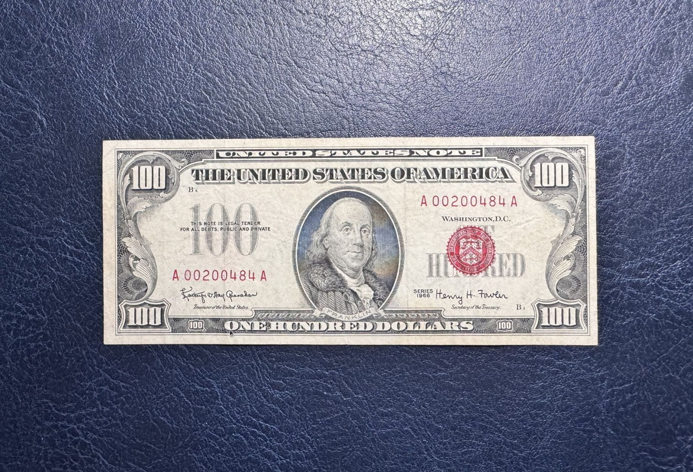 收藏联盟Quantum Auction 第329期拍卖  美国1966年政府券100美元 品相如图 稀少红库印