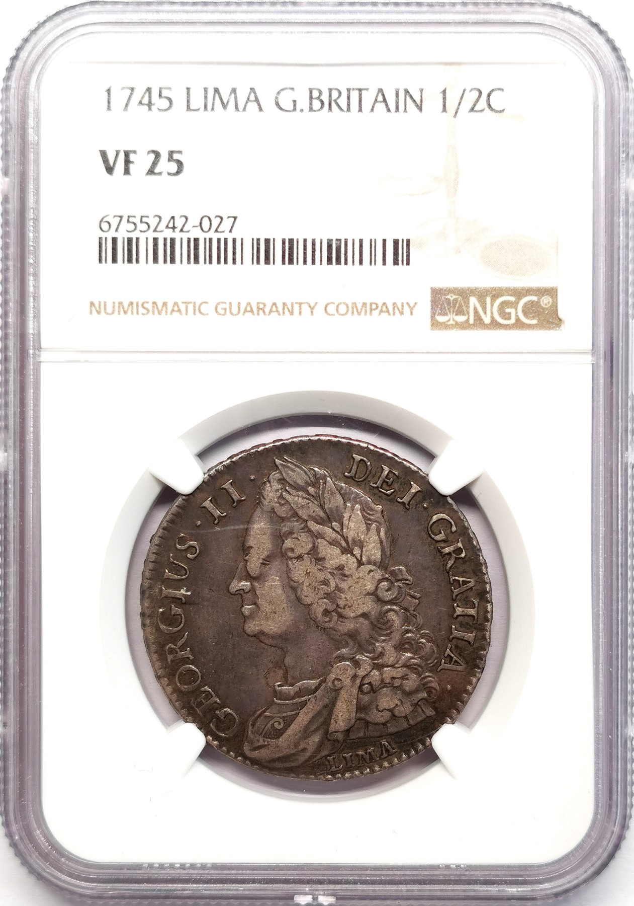 凡希社世界钱币微拍第二百六十二期 1745英国乔二LIMA1/2克朗NGC-VF25