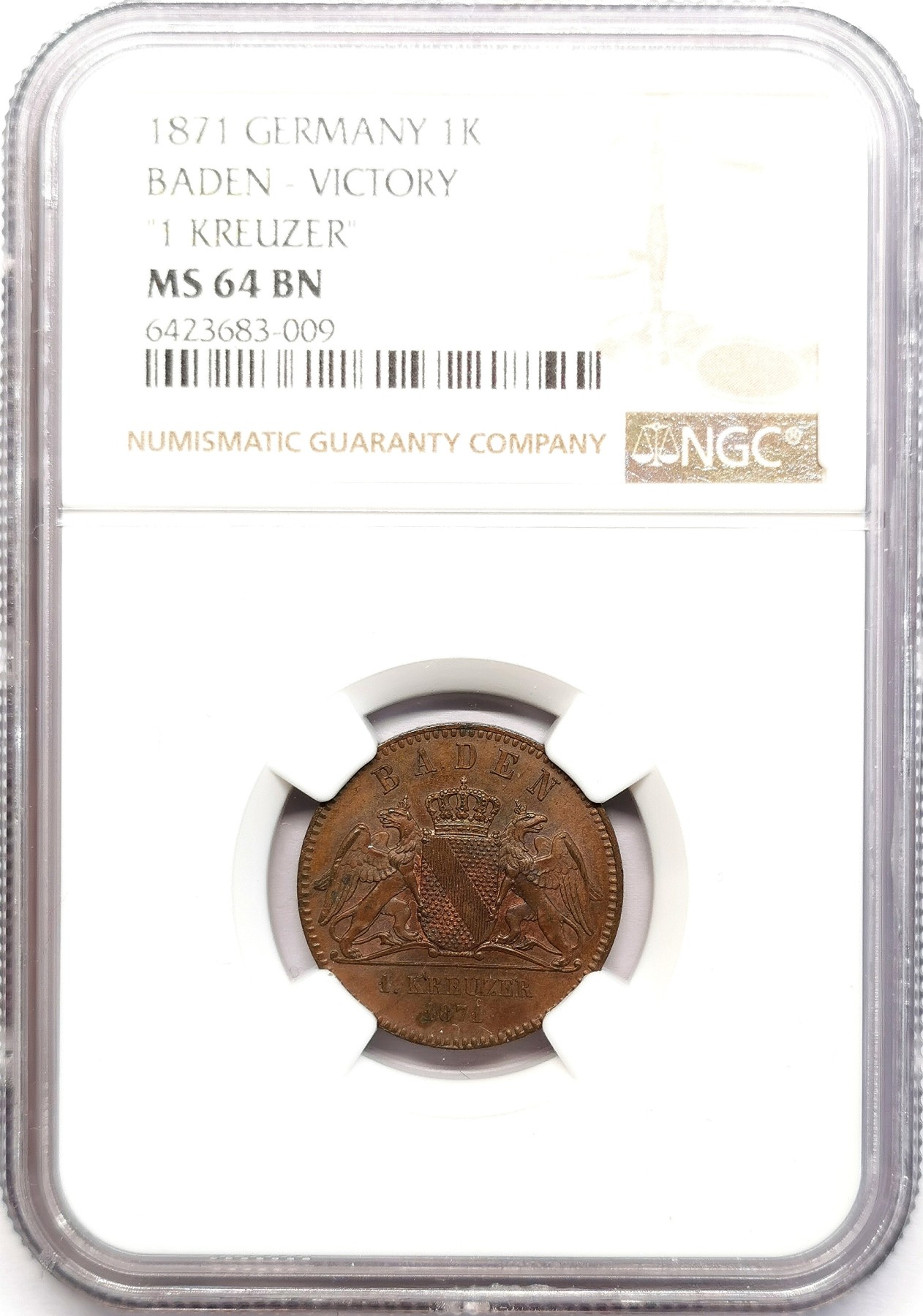 凡希社世界钱币微拍第二百六十二期 1871巴登普法战争胜利纪念1K铜币NGC-MS64纹章版