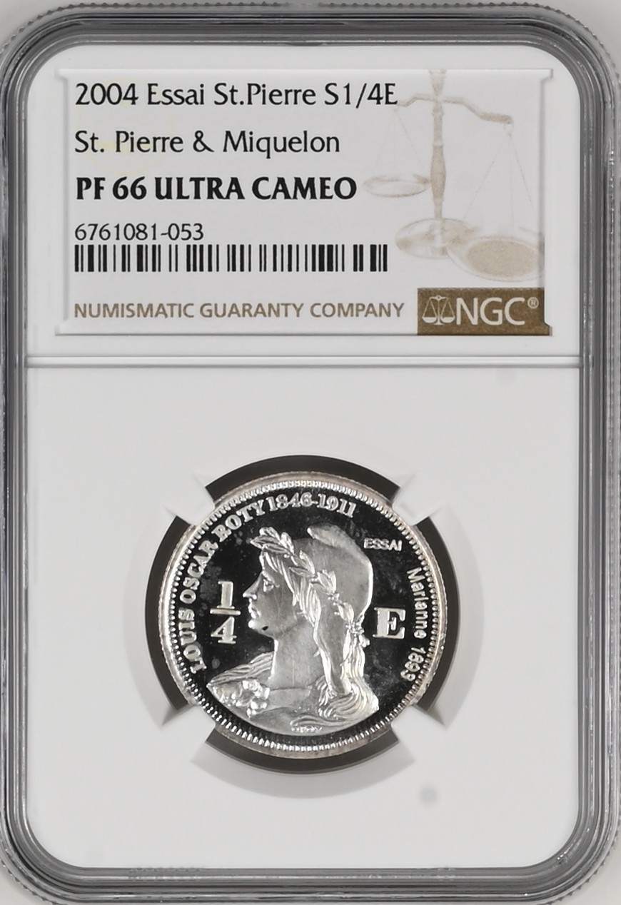 长老汇龙年精选第二场 2004 法属圣皮埃尔雕刻家罗缇名作系列1/4欧元银样币，NGC PF66UC，唯一冠军分，珍稀币