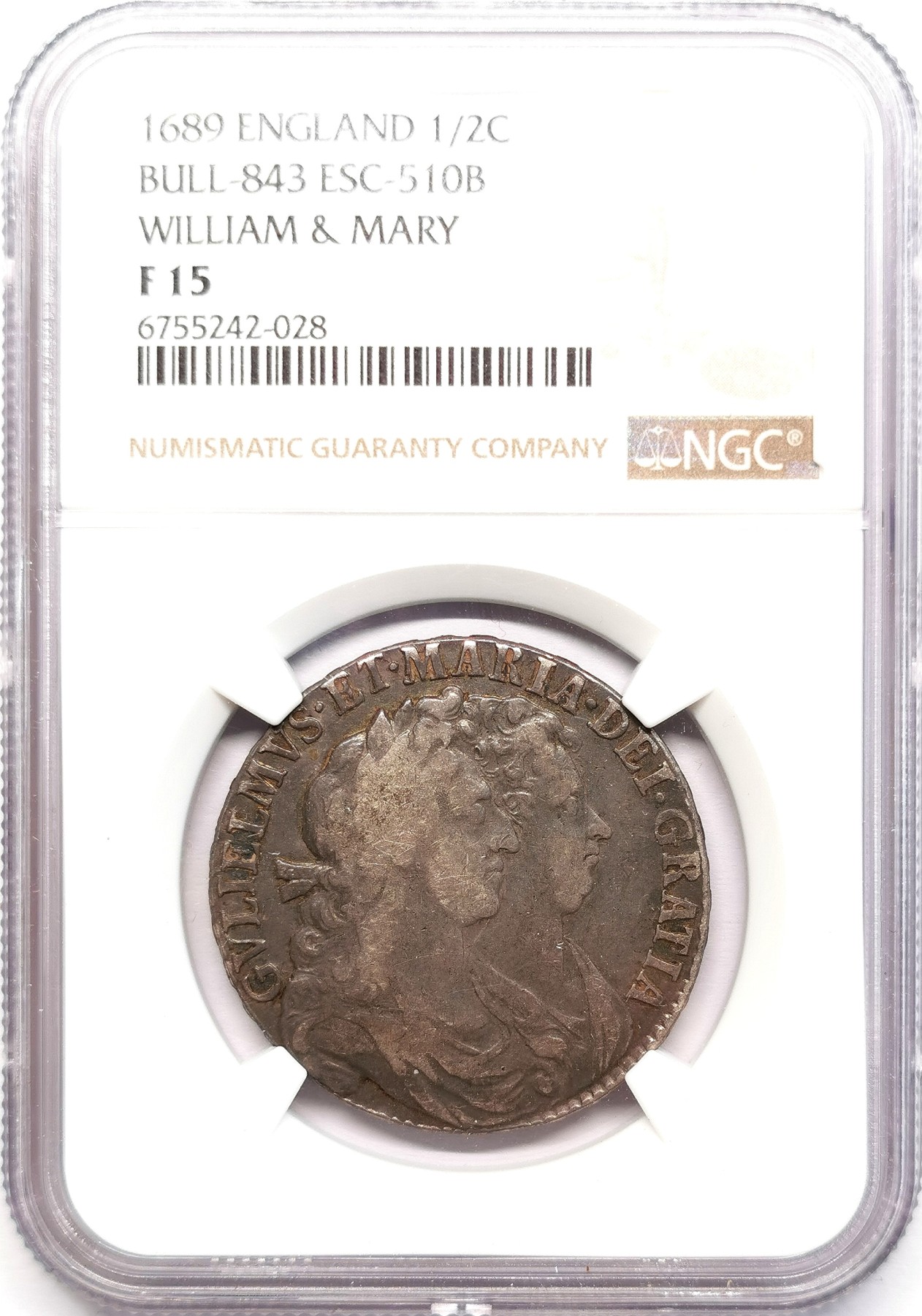 凡希社世界钱币微拍第二百六十二期 1689英国威廉与玛丽1/2克朗NGC-F15