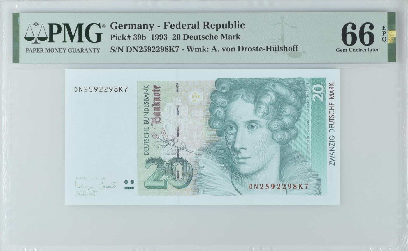 收藏联盟Quantum Auction 第329期拍卖  德国联邦1993年20马克 PMG66 号码无4