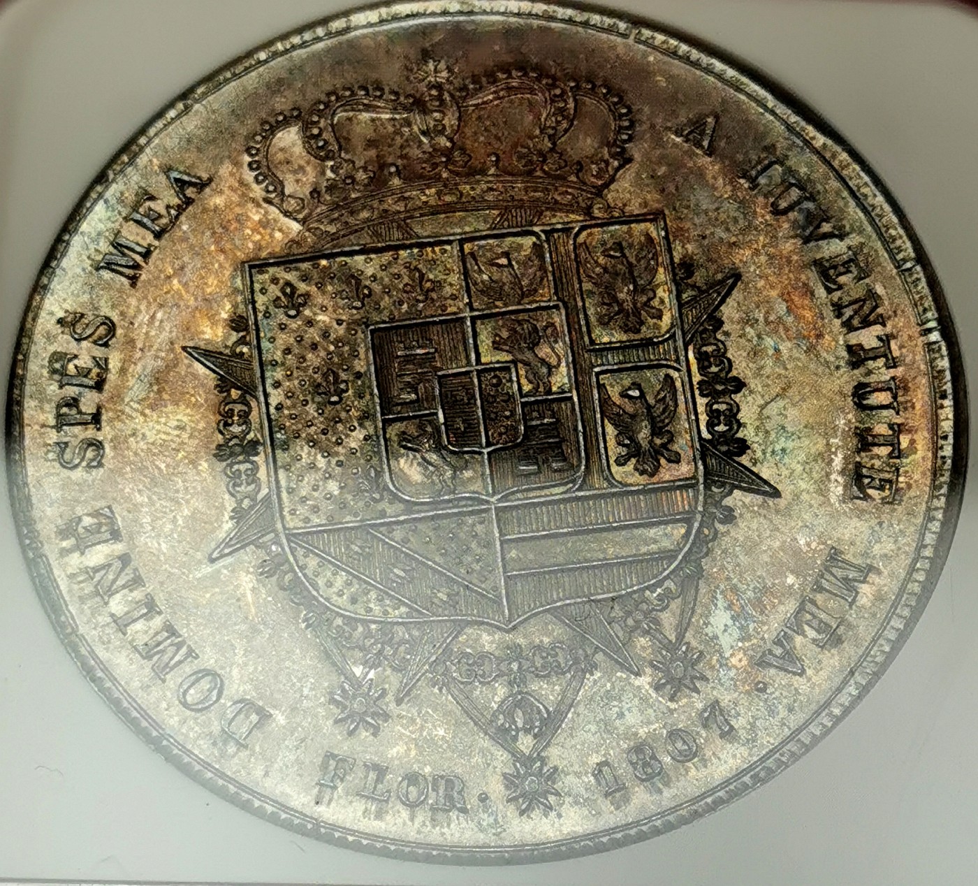 凡希社世界钱币微拍第二百六十二期 荐！1807托斯卡纳玛利亚路易莎母与子10里拉大银NGC-MS61 佛罗伦萨标准成色简写FLOR，一年型，香槟金五彩，包浆油润，绝色美物，值得高阶藏家入手！