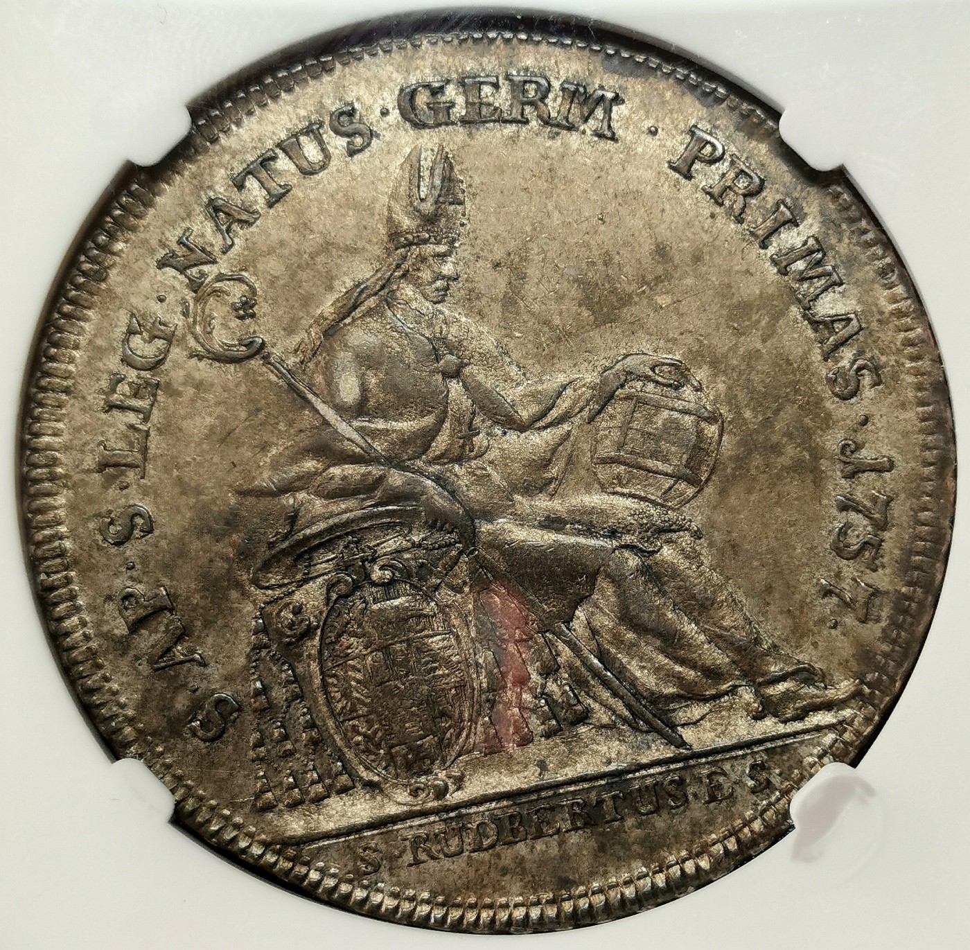 凡希社世界钱币微拍第二百六十二期 1757萨尔茨堡亲王大主教西吉斯蒙德泰勒大银NGC-AU58，一年型，书价是后期希罗尼穆斯的两倍！深五彩底光可见，全深打细节锐利，背面描绘的圣鲁伯特形象极为传神。