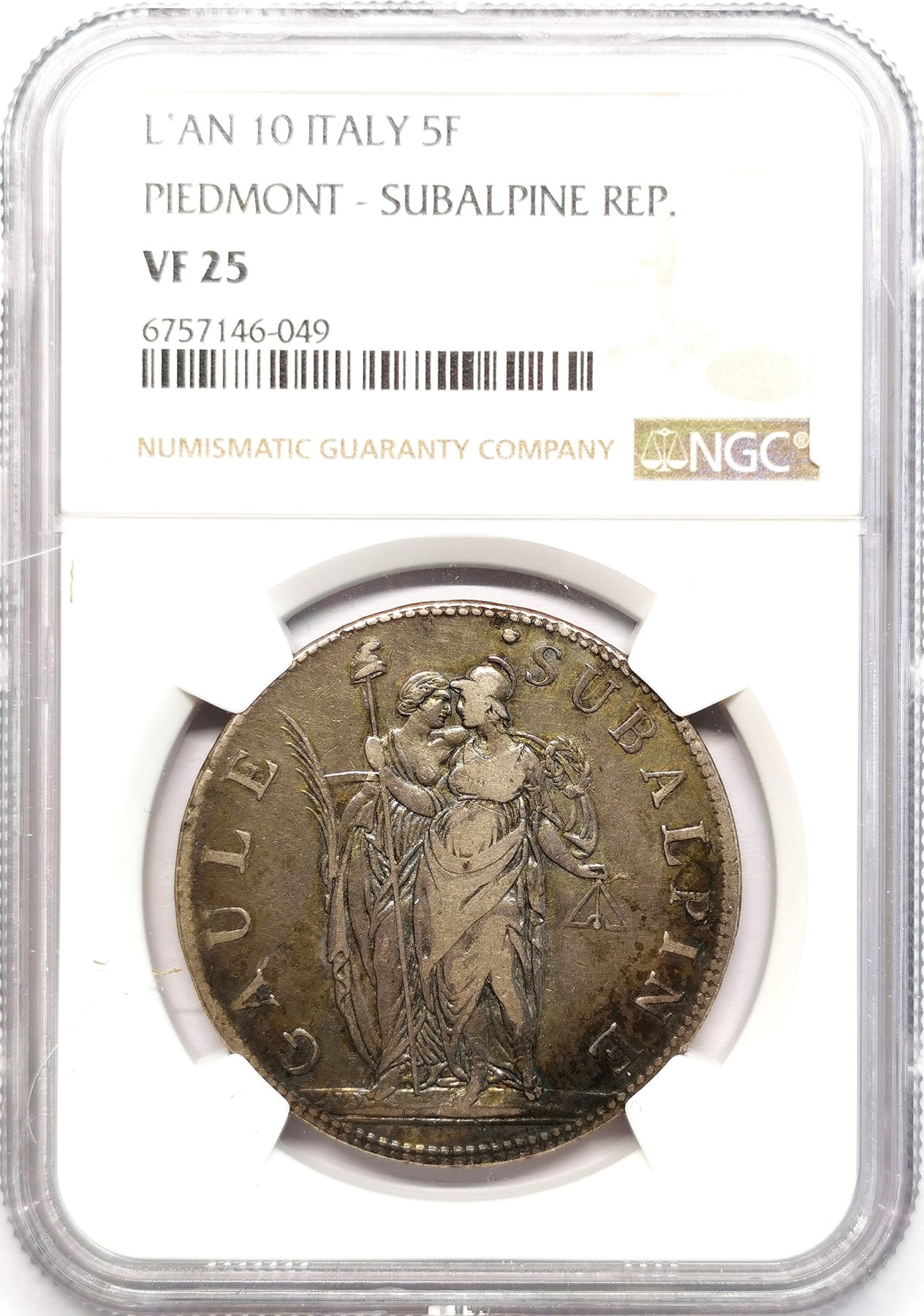 凡希社世界钱币微拍第二百六十二期 共和十年高卢-阿尔卑斯山麓共和国5法郎大银NGC-VF25