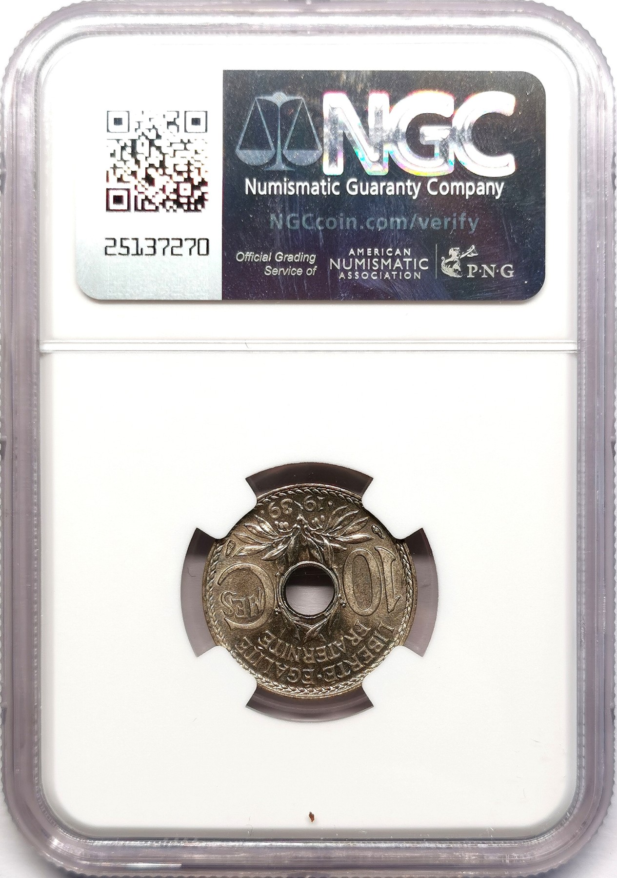 凡希社世界钱币微拍第二百六十二期 1939法国中孔10生丁镍币NGC-MS65
