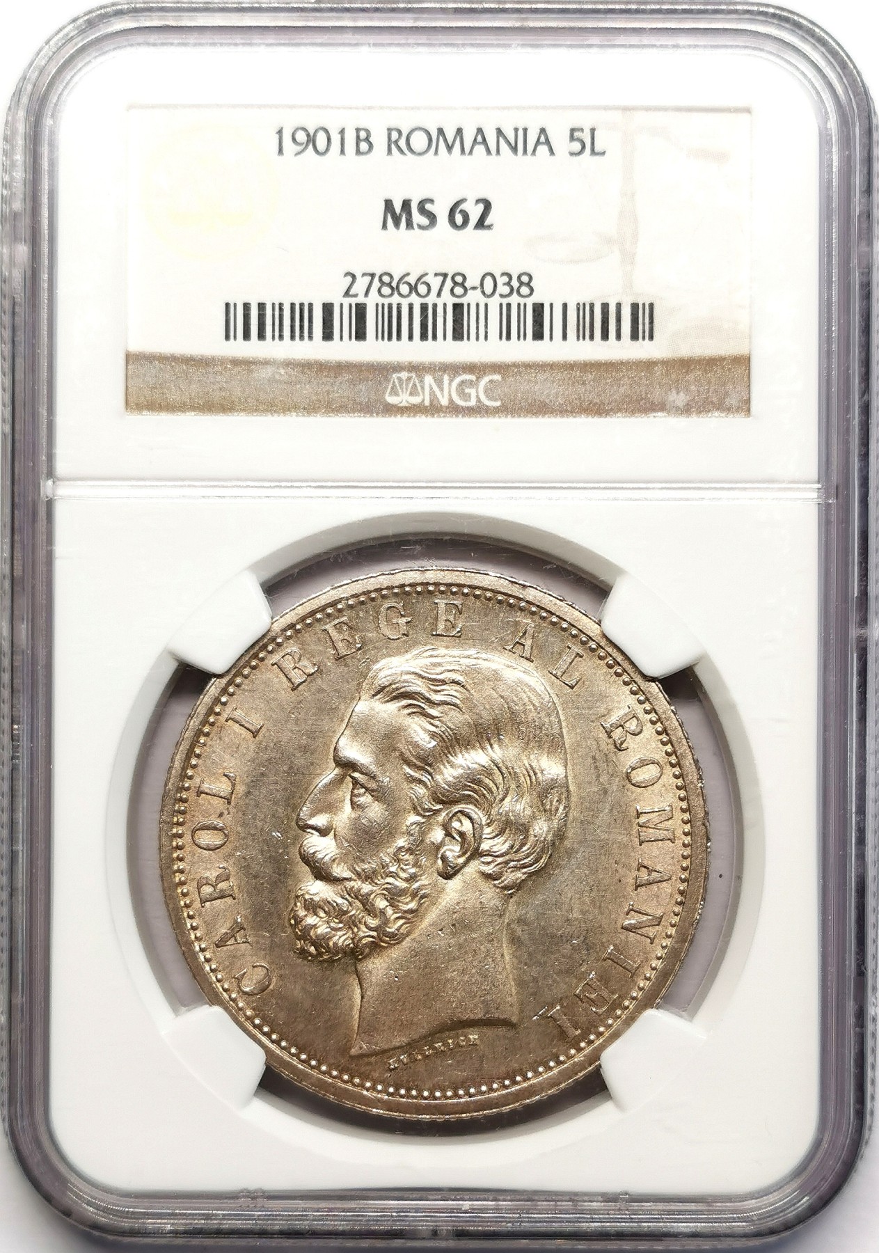 凡希社世界钱币微拍第二百六十二期 稀！1901B罗马尼亚卡罗尔一世5L大银NGC-MS62 王国尾声，齿边一年型，只要上到MS的大罗就既少且贵。