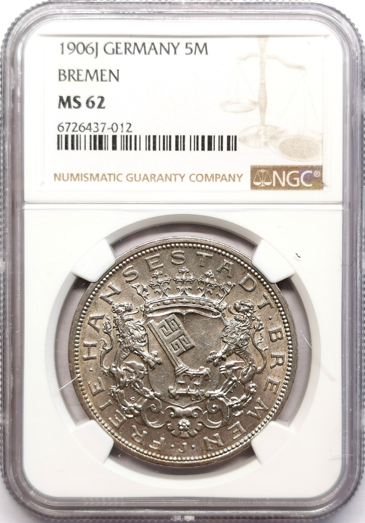 凡希社世界钱币微拍第二百六十二期 1906J不来梅5马克大银NGC-MS62