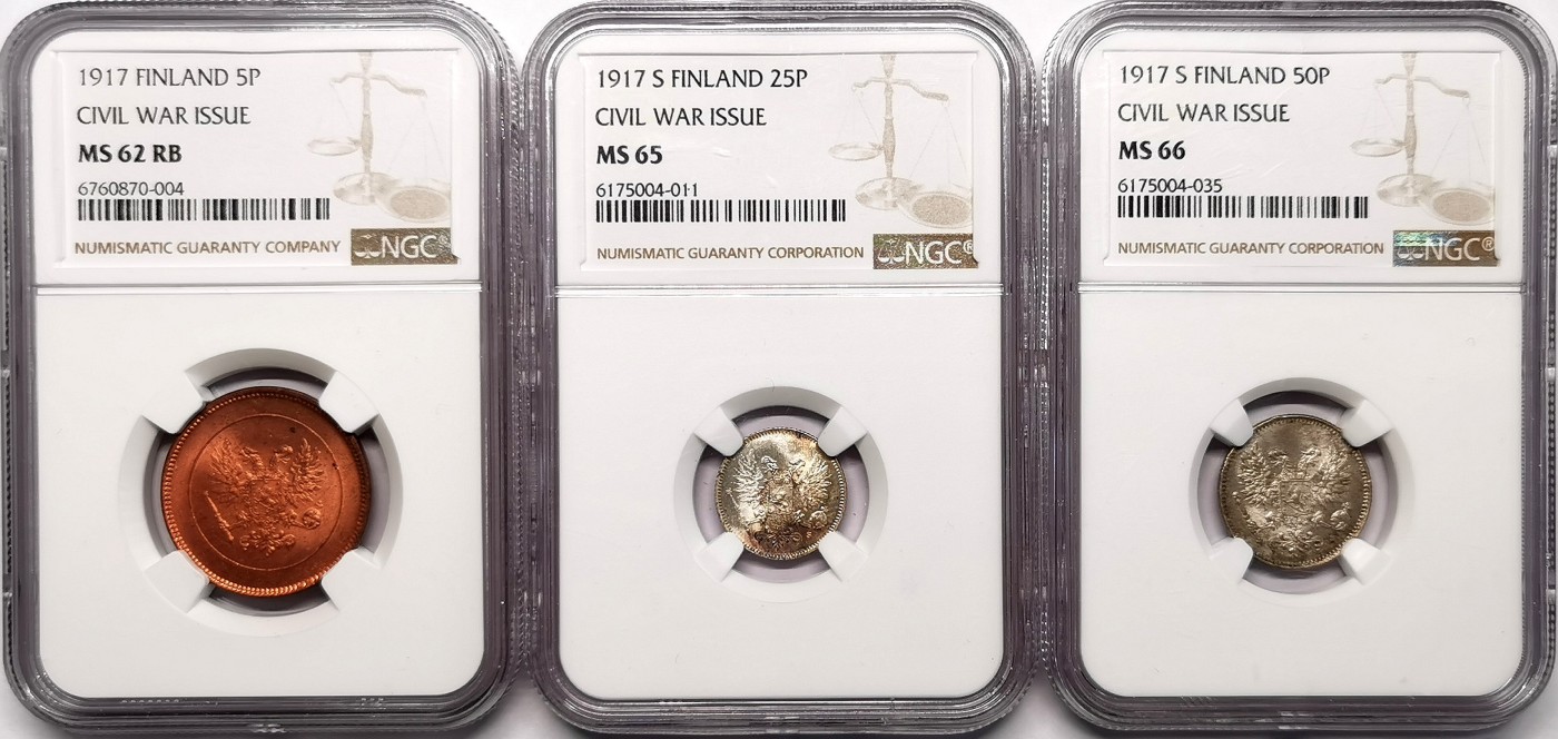 凡希社世界钱币微拍第二百六十二期 1917芬兰内战银铜三枚一组NGC