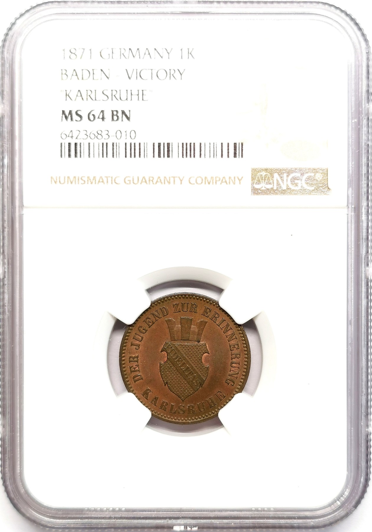 凡希社世界钱币微拍第二百六十二期 1871巴登普法战争胜利纪念1K铜币NGC-MS64