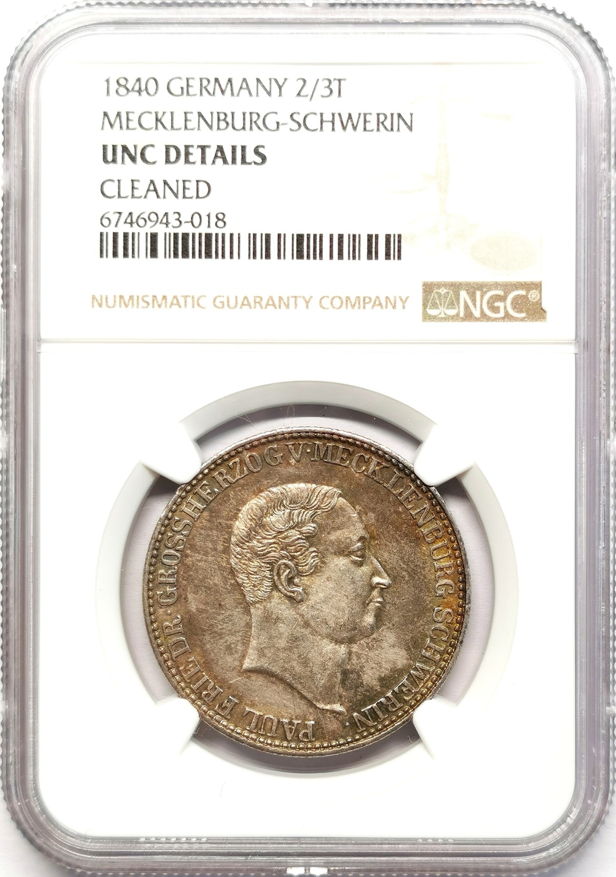 凡希社世界钱币微拍第二百六十二期 1840梅克伦堡-什未林2/3泰勒NGC-UNCD