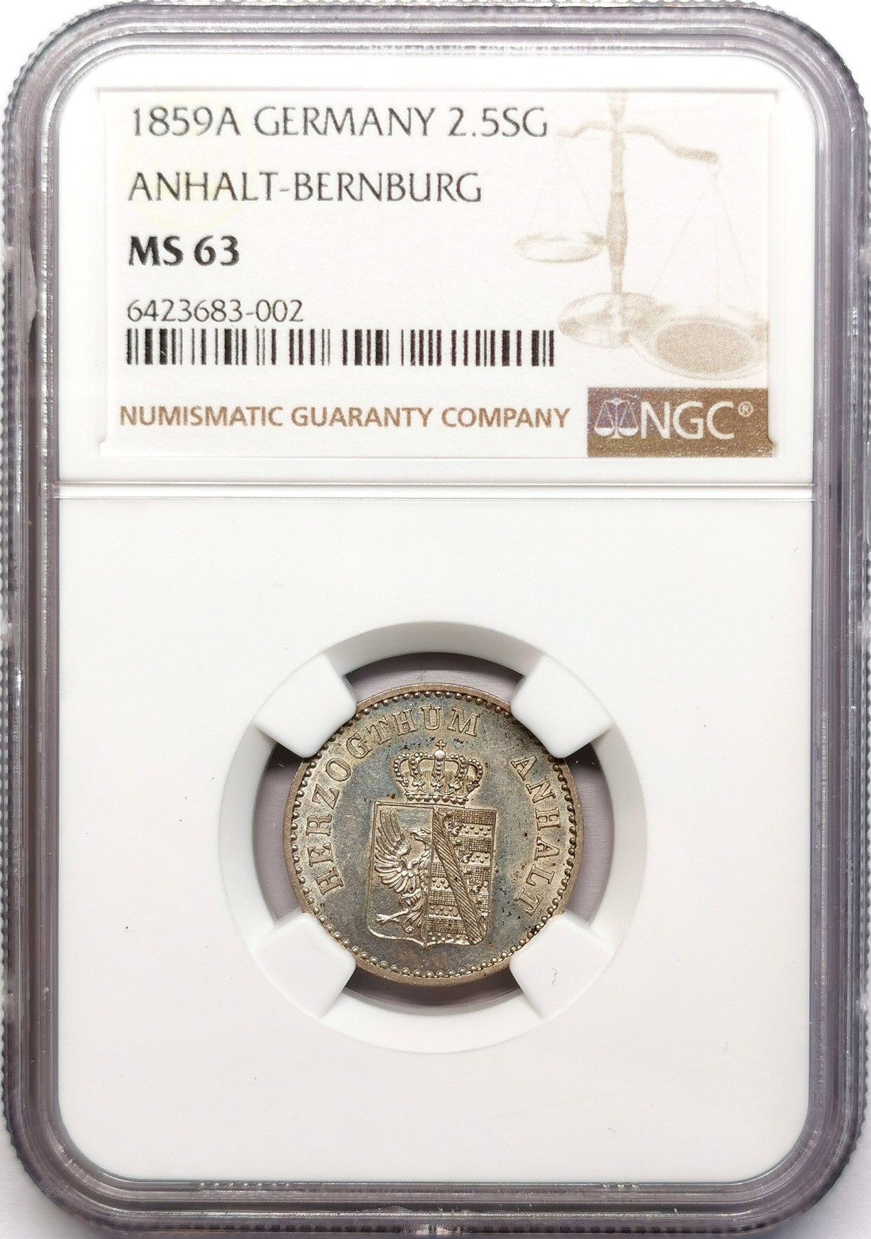 凡希社世界钱币微拍第二百六十二期 1859安哈特-伯恩堡2.5SG银辅币NGC-MS63