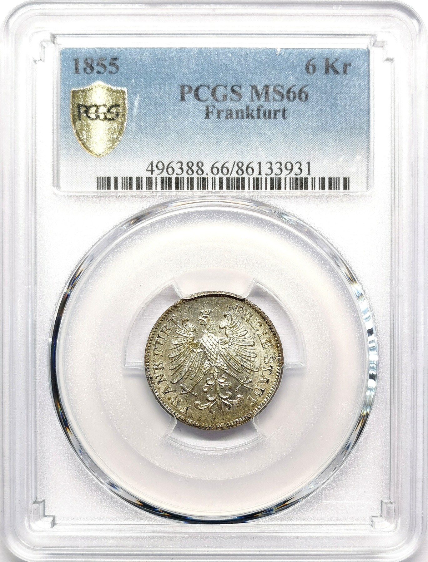 凡希社世界钱币微拍第二百六十二期 1855法兰克福6Kr银币PCGS-MS66银光高分！