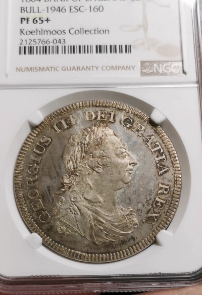 凡希社世界钱币微拍第二百六十二期 罕！1804英国英格兰银行乔三DOLLAR（5先令）大银精铸NGC-PF65+ SOHO蒸汽铸币机铸造，铸币史上具有里程碑意义的样本，品相无与伦比，名家旧藏！