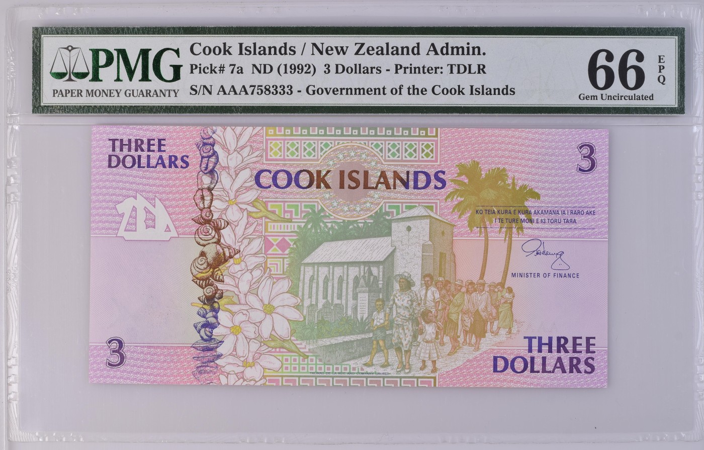 Immortal acution 三月第二场 AAA冠Cook Islands / New Zealand Admin., 3 Dollars ND (1992) - Printer: TDLR