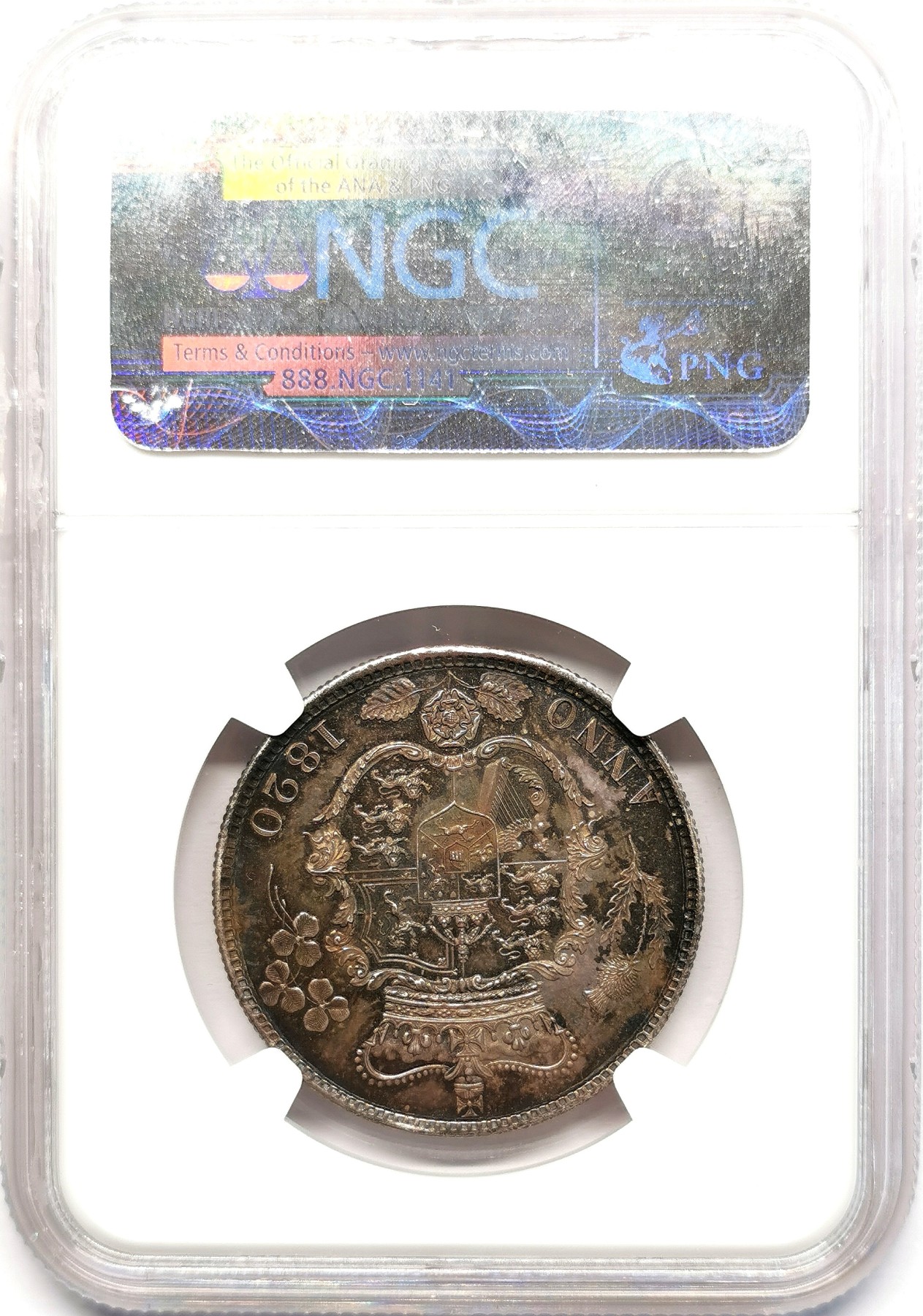 凡希社世界钱币微拍第二百六十二期 荐！1820英国乔治四世1/2克朗精铸NGC-PF63 齿边，纯正英伦五彩，实物状态完全不输前两天圣詹姆斯拍卖行5000镑落锤的P64，见附图。英系精铸精品，永远的硬通货！