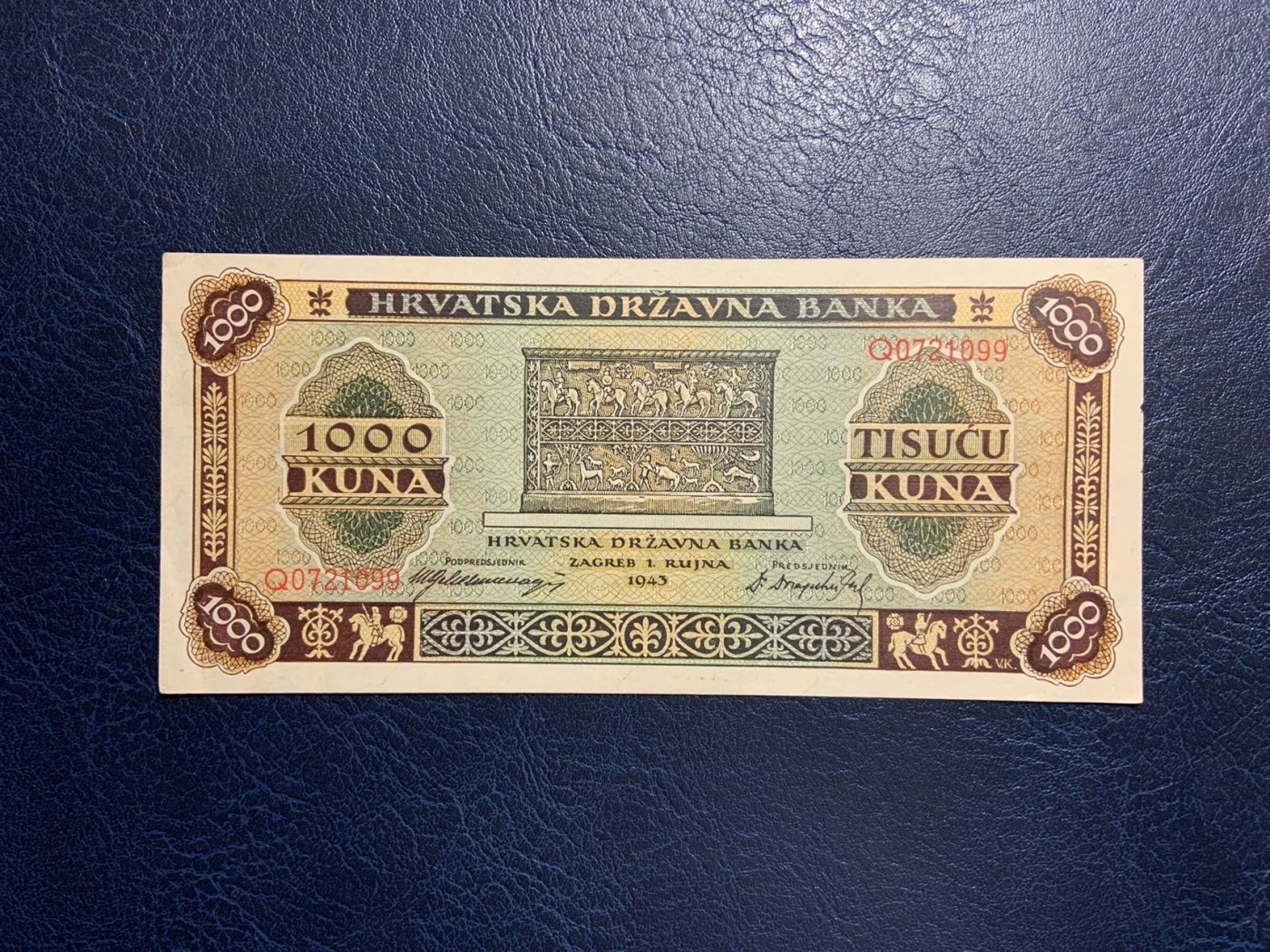 收藏联盟Quantum Auction 第329期拍卖  克罗地亚1943年1000库纳 品相UNC-  边角有瑕疵 捷德代印