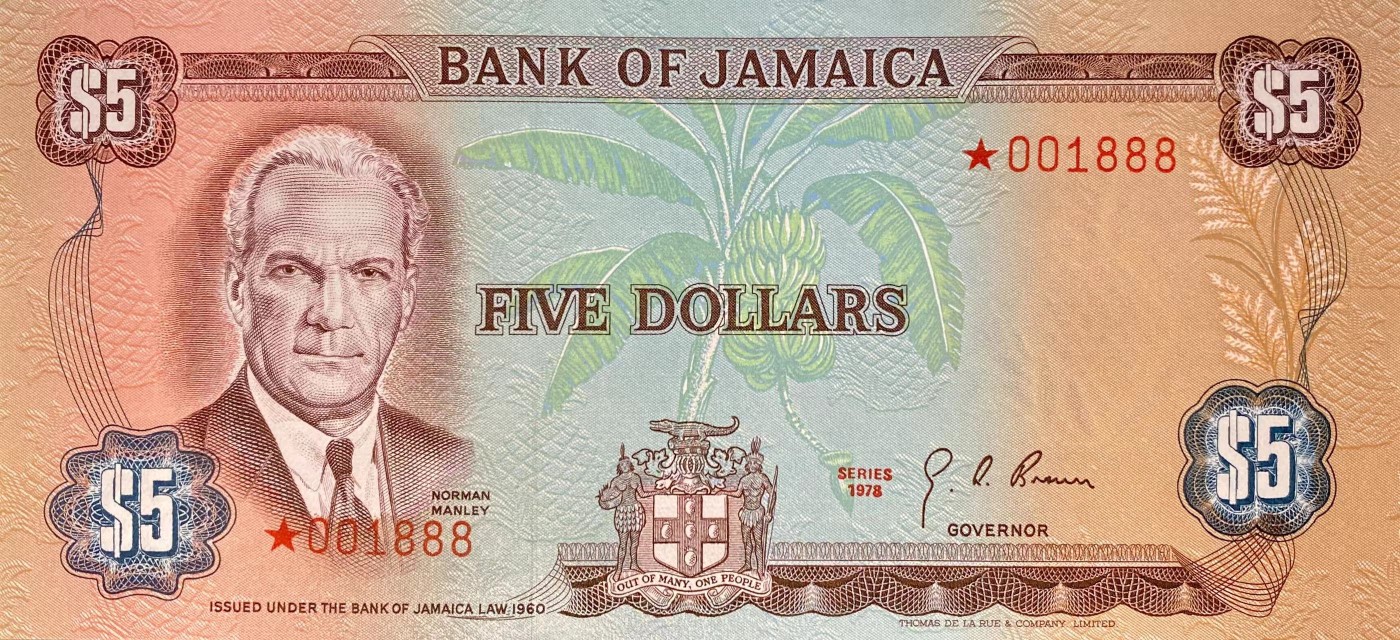 《外钞收藏家》第三百四十六期 17，全新UNC 牙买加5元 1978年 无47 ⭐001888（Collector Series）收藏家系列