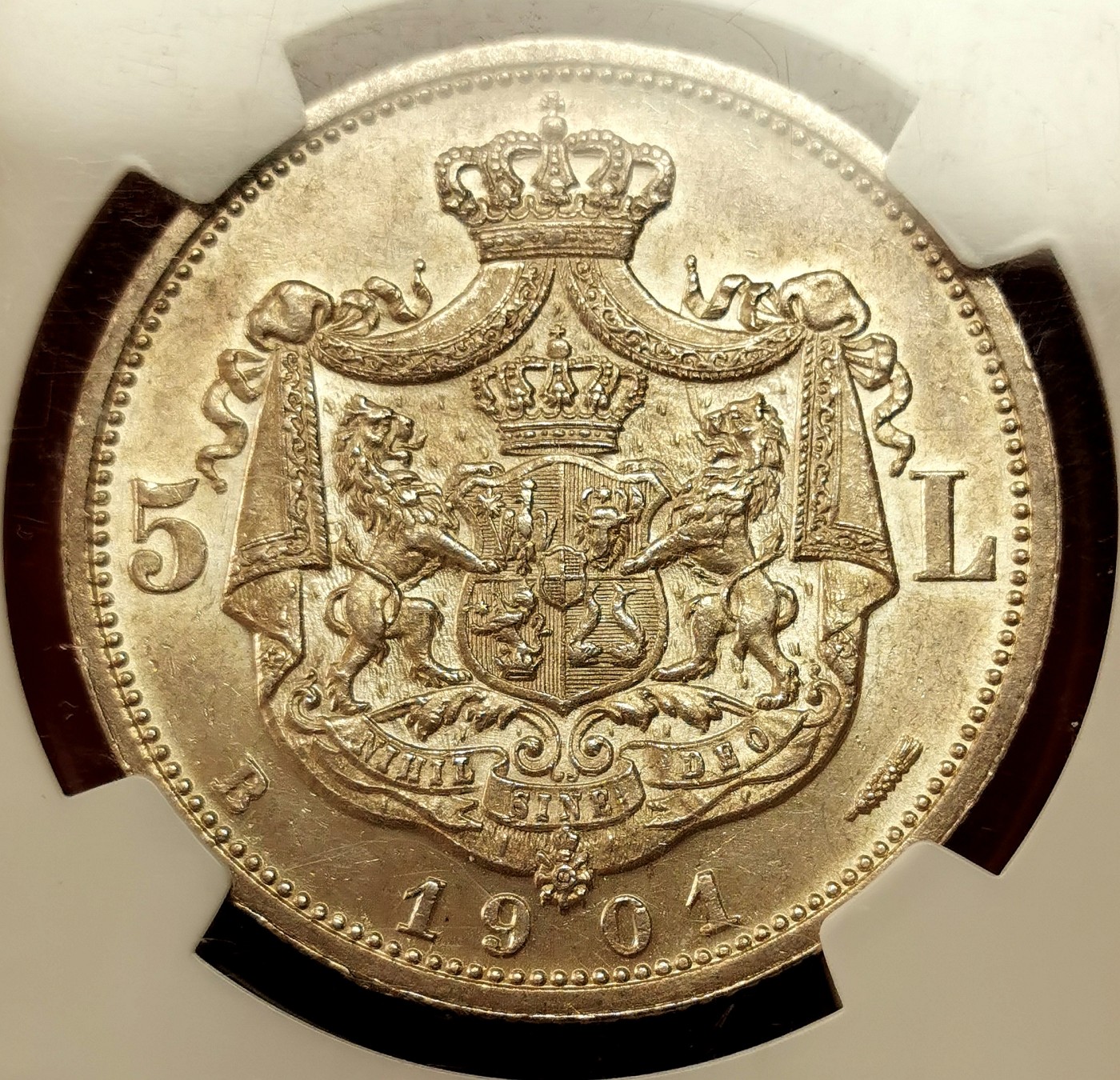 凡希社世界钱币微拍第二百六十二期 稀！1901B罗马尼亚卡罗尔一世5L大银NGC-MS62 王国尾声，齿边一年型，只要上到MS的大罗就既少且贵。