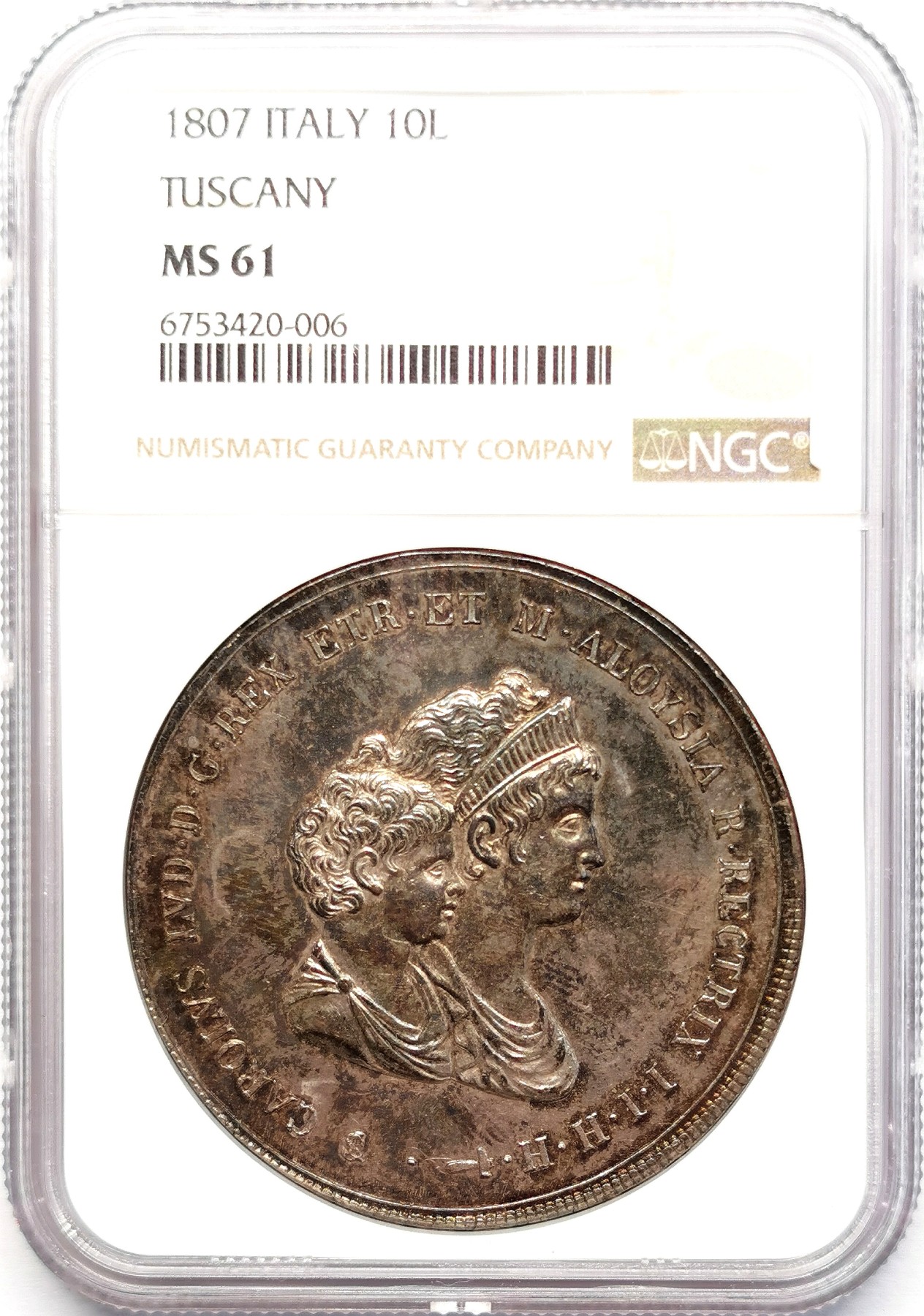 凡希社世界钱币微拍第二百六十二期 荐！1807托斯卡纳玛利亚路易莎母与子10里拉大银NGC-MS61 佛罗伦萨标准成色简写FLOR，一年型，香槟金五彩，包浆油润，绝色美物，值得高阶藏家入手！