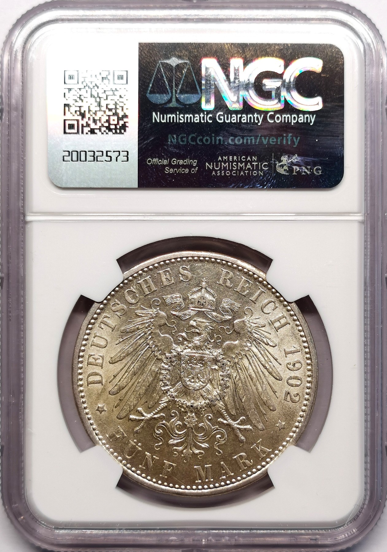 凡希社世界钱币微拍第二百六十二期 1902巴伐利亚5马克大银NGC-MS61