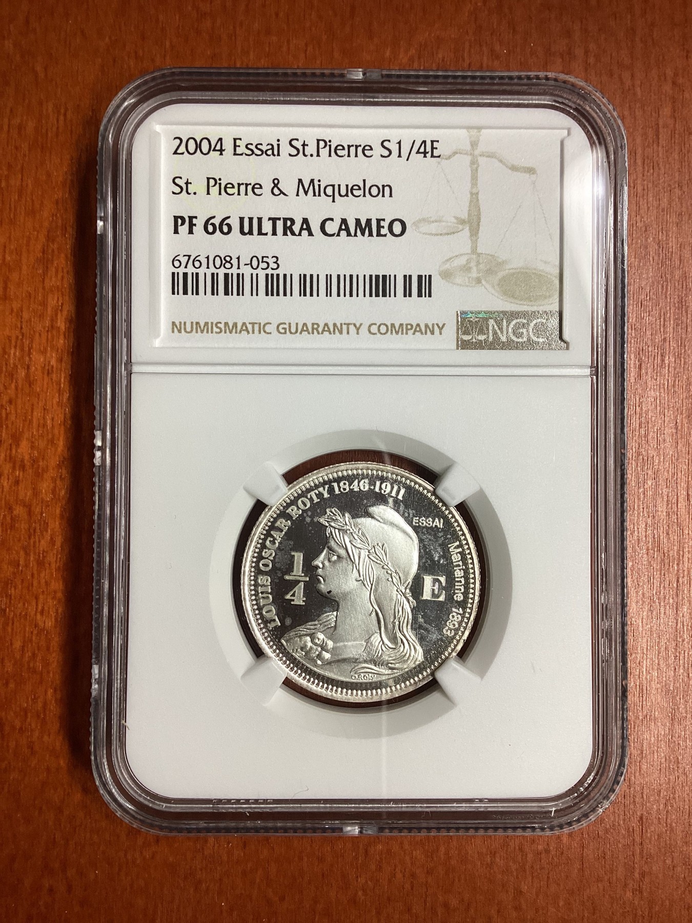 长老汇龙年精选第二场 2004 法属圣皮埃尔雕刻家罗缇名作系列1/4欧元银样币，NGC PF66UC，唯一冠军分，珍稀币