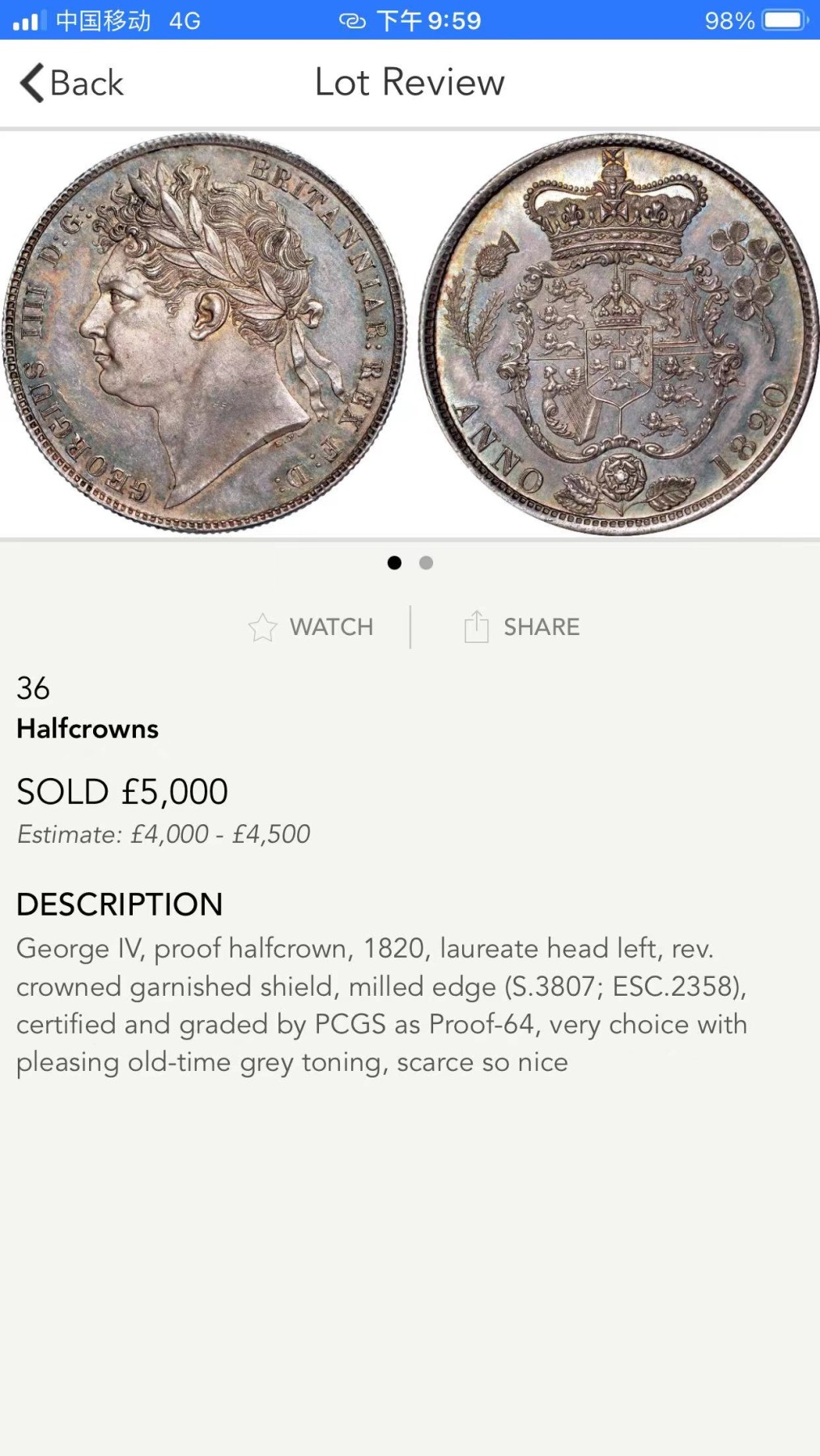凡希社世界钱币微拍第二百六十二期 荐！1820英国乔治四世1/2克朗精铸NGC-PF63 齿边，纯正英伦五彩，实物状态完全不输前两天圣詹姆斯拍卖行5000镑落锤的P64，见附图。英系精铸精品，永远的硬通货！