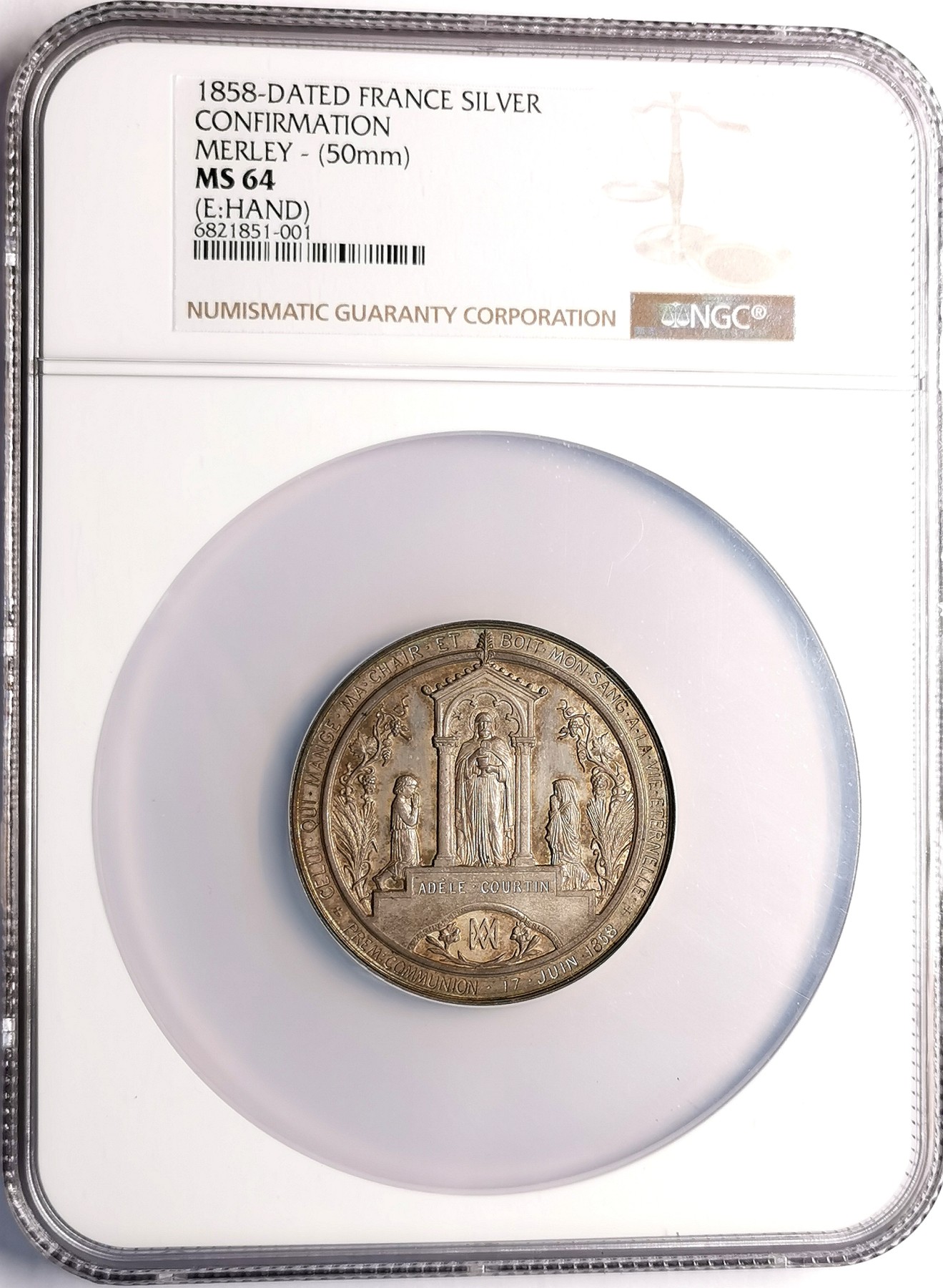 凡希社世界钱币微拍第二百六十二期 1858法国天主教坚信礼大银章NGC-MS64 Merley作品！